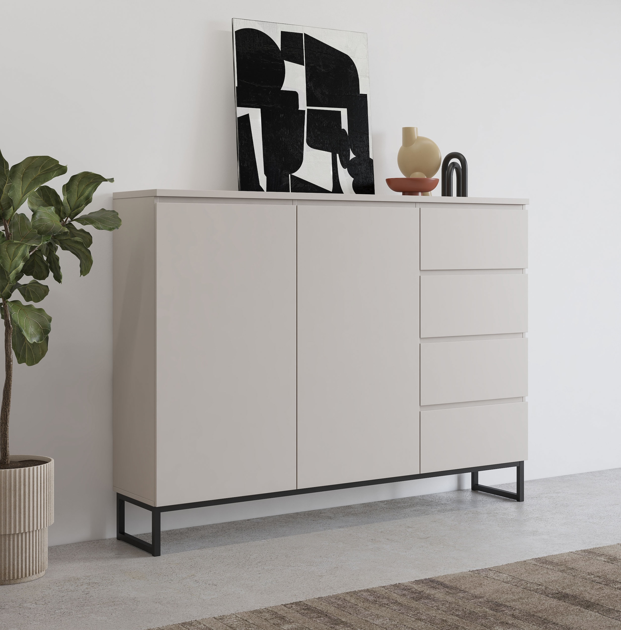 OTTO home Sideboard "Modo II, Breite 150 cm, moderne grifflose Kommode 2Türen/4 SK" Schubladenschrank viel Stauraum, Einlegeböden verstellbar, Metallkufen