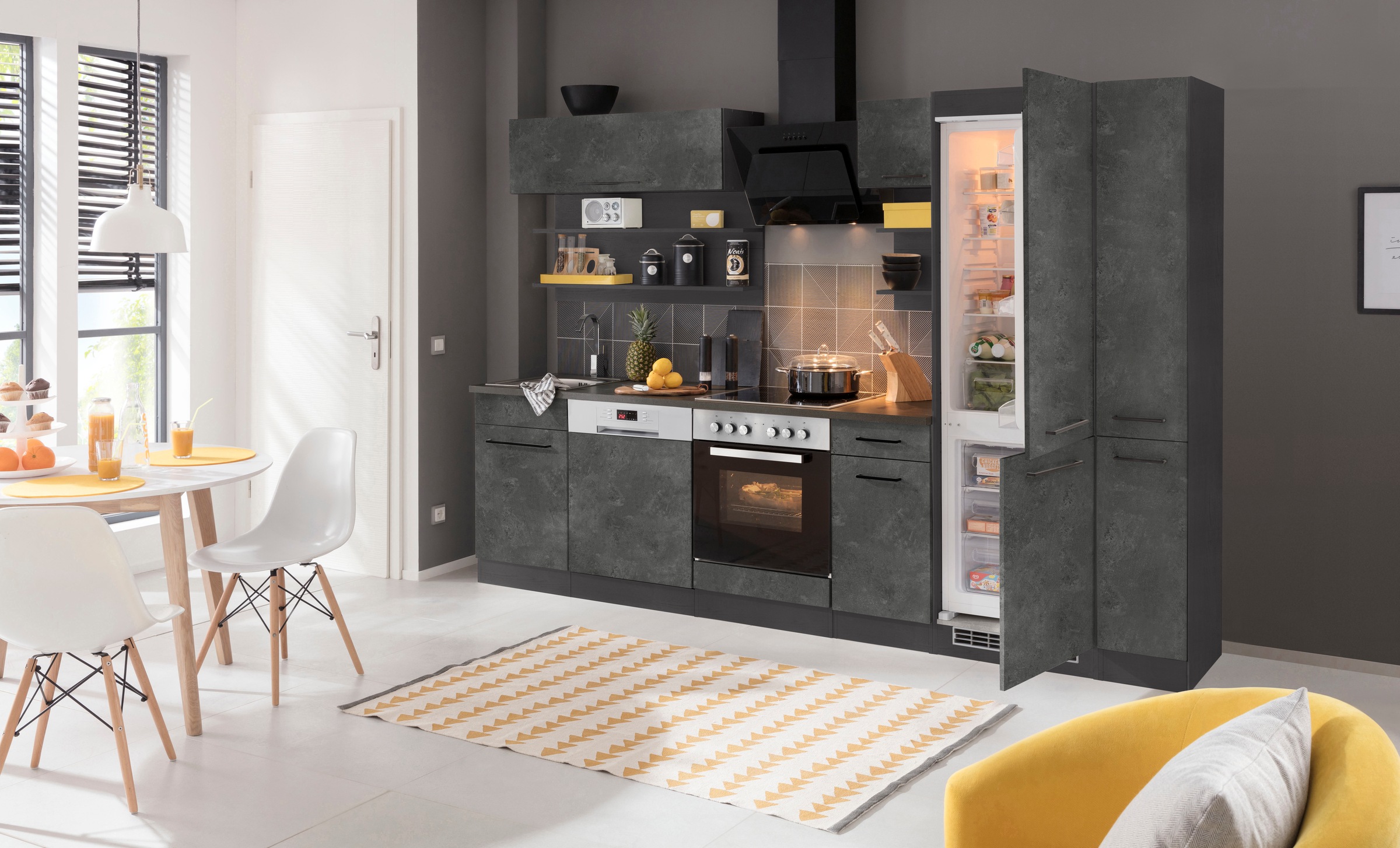 KOCHSTATION Küchenzeile »KS-Tulsa« ohne E-Geräte, Breite 300 cm, schwarze Metallgriffe, MDF Fronten