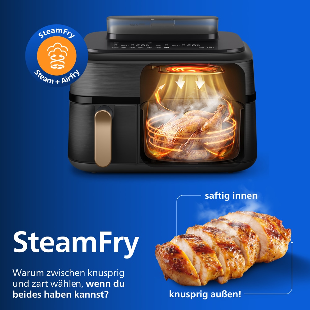 Philips Heißluftfritteuse »NA555/00 Steam Airfryer 5000 Series Dual Basket, 9L Kapazität (3L+6L)« 2750 W mit Dampfgar-Funktion; Silber/Edelstahl