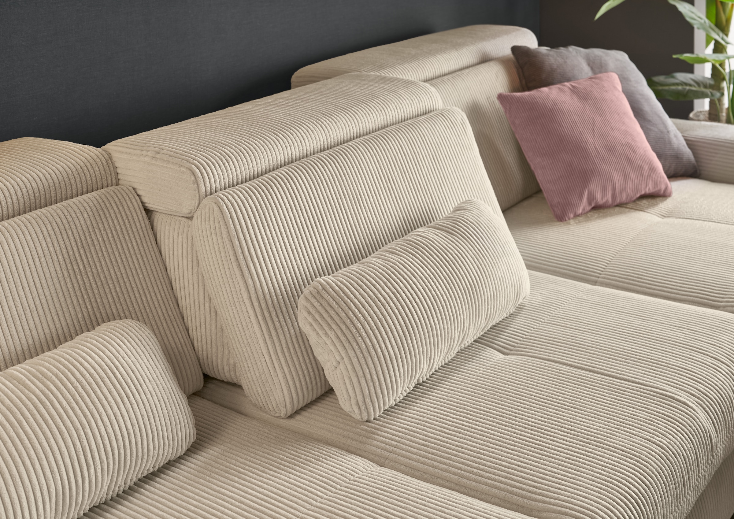 set one by Musterring Ecksofa »SO 3400 Sitzhöhe 47cm oder 49cm, Sitztiefe verstellbar, B/T: 307/195cm«, Kopteil verstellbar, mit Bettfunktion, in Cord, natur, Sitzhöhe 47
