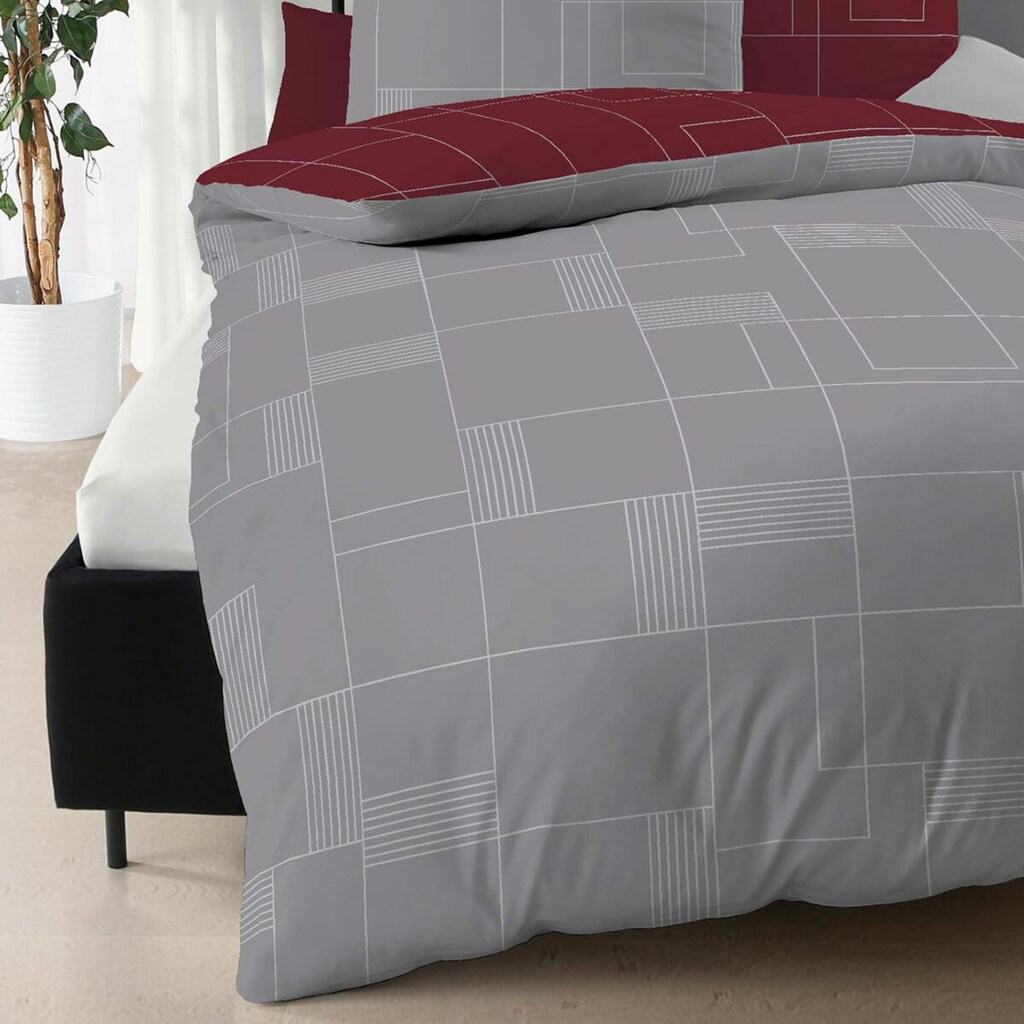 TRAUMSCHLAF Wendebettwäsche »Uptown in Mako Satin und Biber (Flanell) Qualität, 100% Baumwolle, Bett- und Kopfkissenbezug mit Reißverschluss, Winter-und Sommerbettwäsche, ganzjährig einsetzbar«, (3 tlg.)