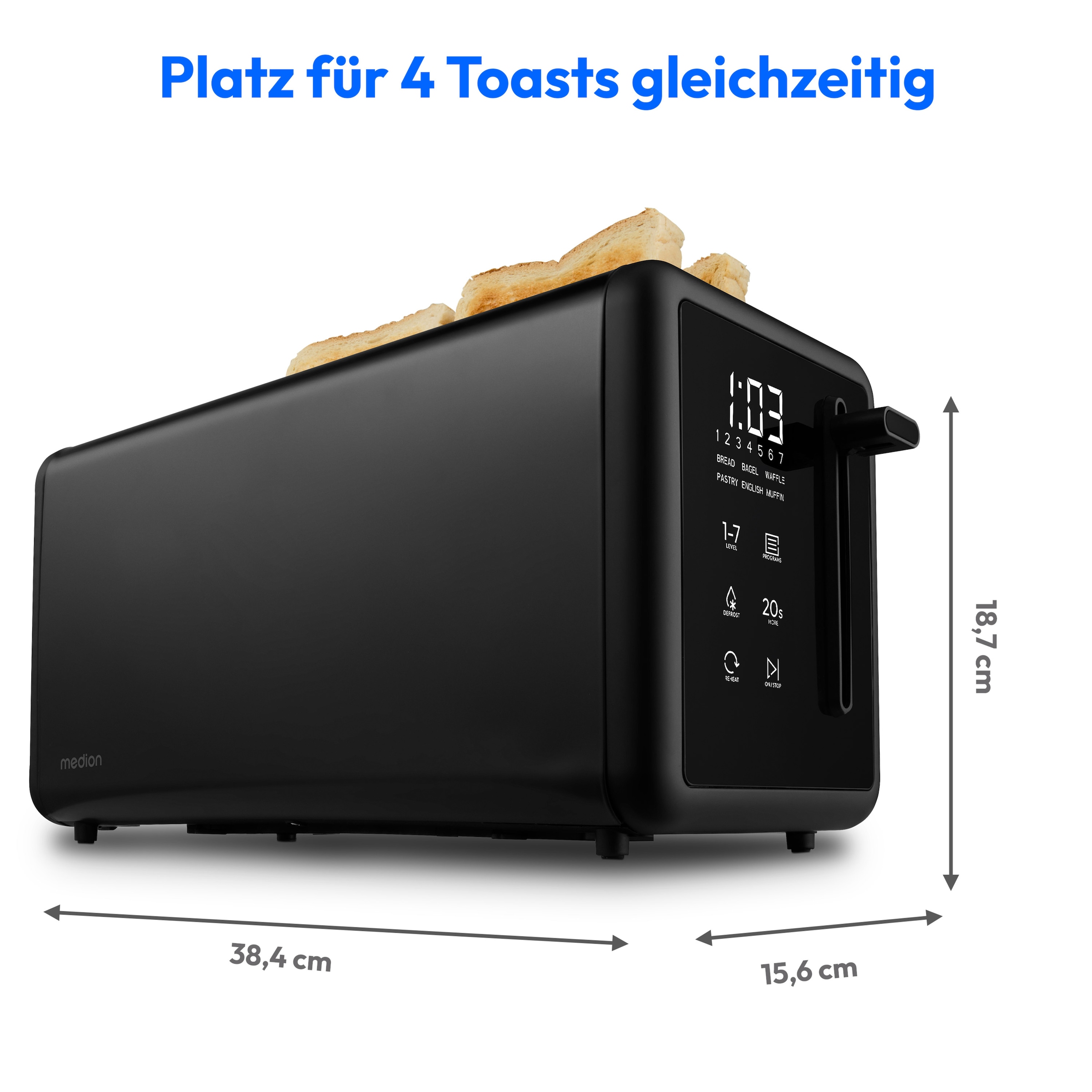 Medion® Toaster »Langschlitztoaster, MD12103, LED Sensor-Touch-Display« 2 lange Schlitze für 4 Scheiben 1450 W abnehmbarer Brötchenaufsatz