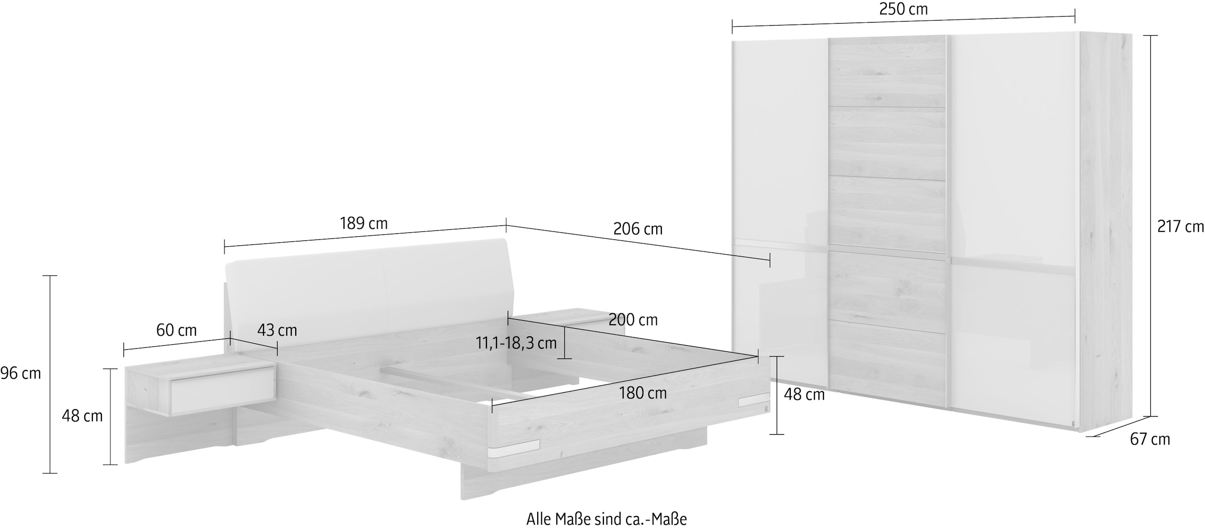 Musterring Schlafzimmer-Set »Savona, Kleiderschrank, Bett & Nachtkommoden, teilmassiv Bianco-Eiche« 2er-Set Nachtschränke, Schwebetürenschrank, Bett 180x200 cm,  Kopfteil Kunstleder Champagner, Schrank mit Eiche- und Glastüren