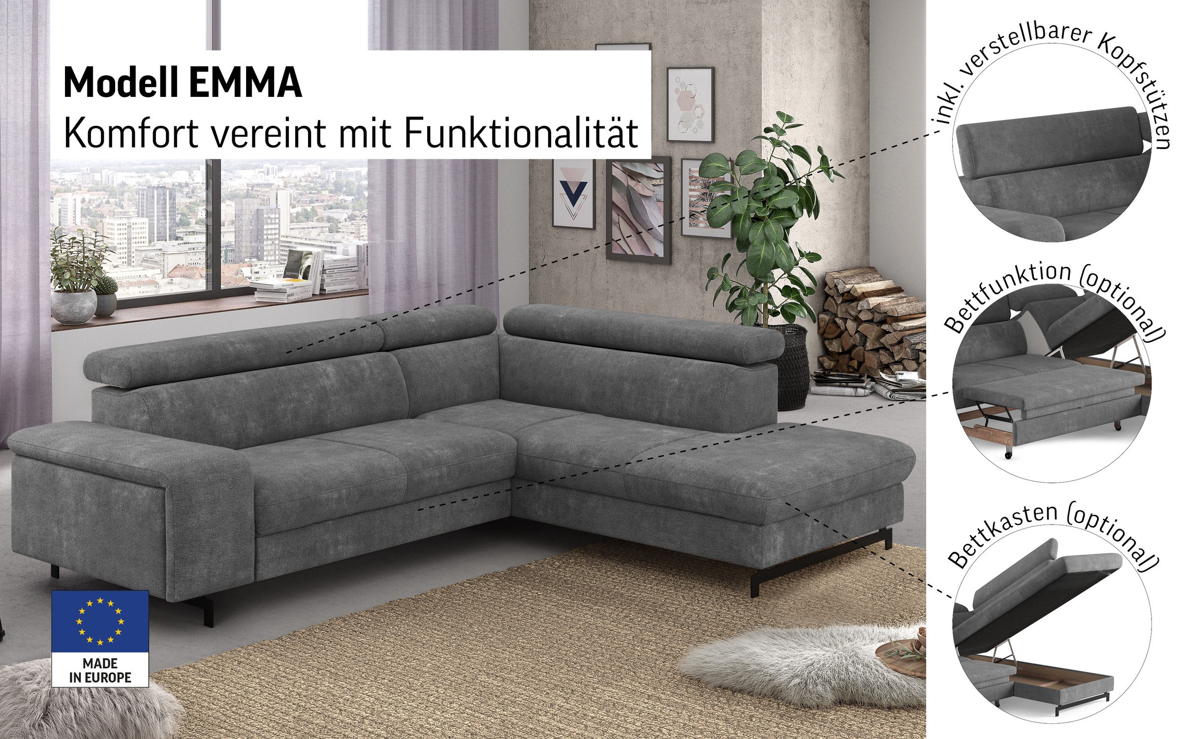 COTTA Ecksofa »Emma L-Form«, mit Kopfteilverstellung, wahlweise mit Bettfunktion & Bettkasten