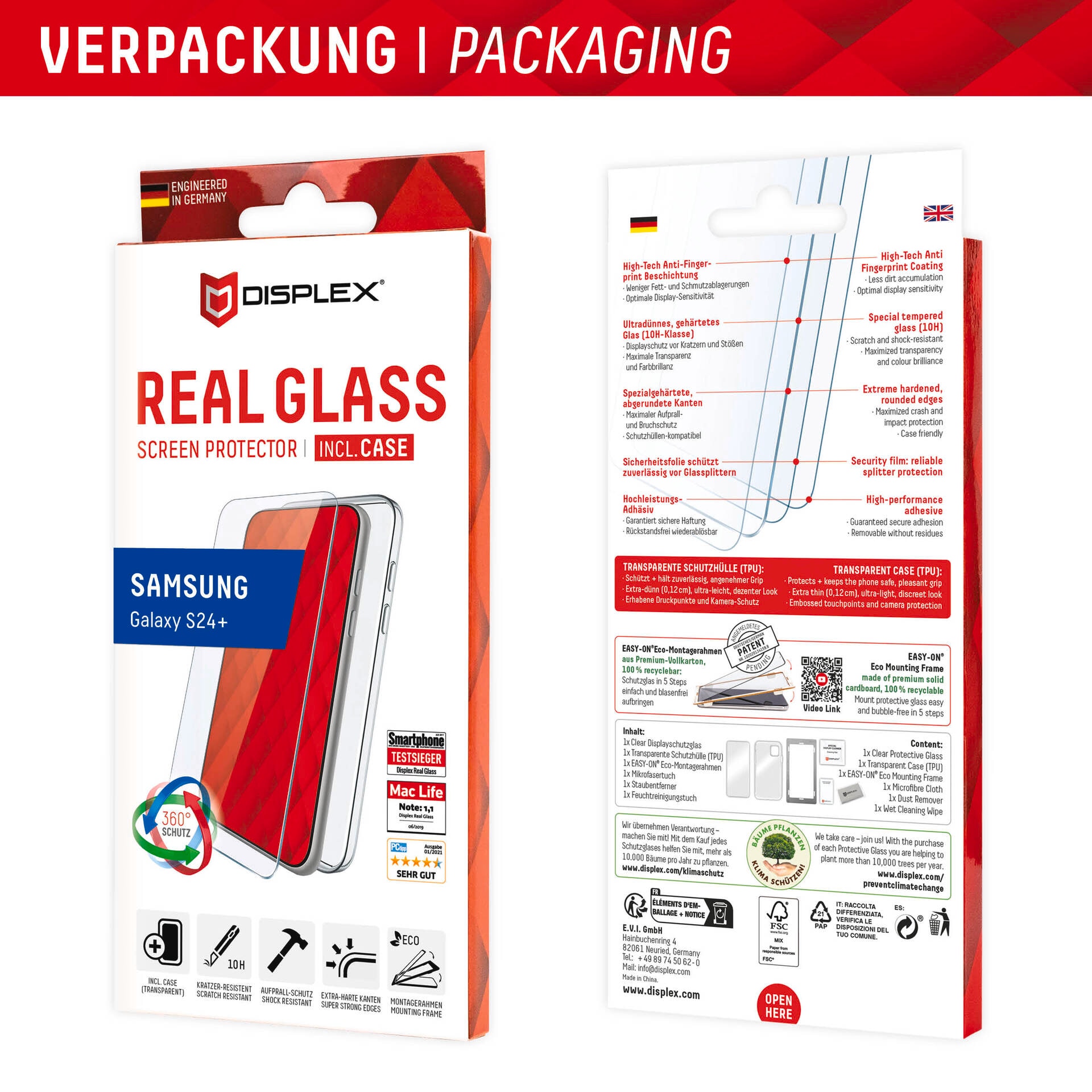 Displex Displayschutzglas »Real Glass + Case«, für Samsung Galaxy S24+-Samsung Galaxy S25+, Displayschutzfolie Displayschutz Rundumschutz 360 Grad splitterfest