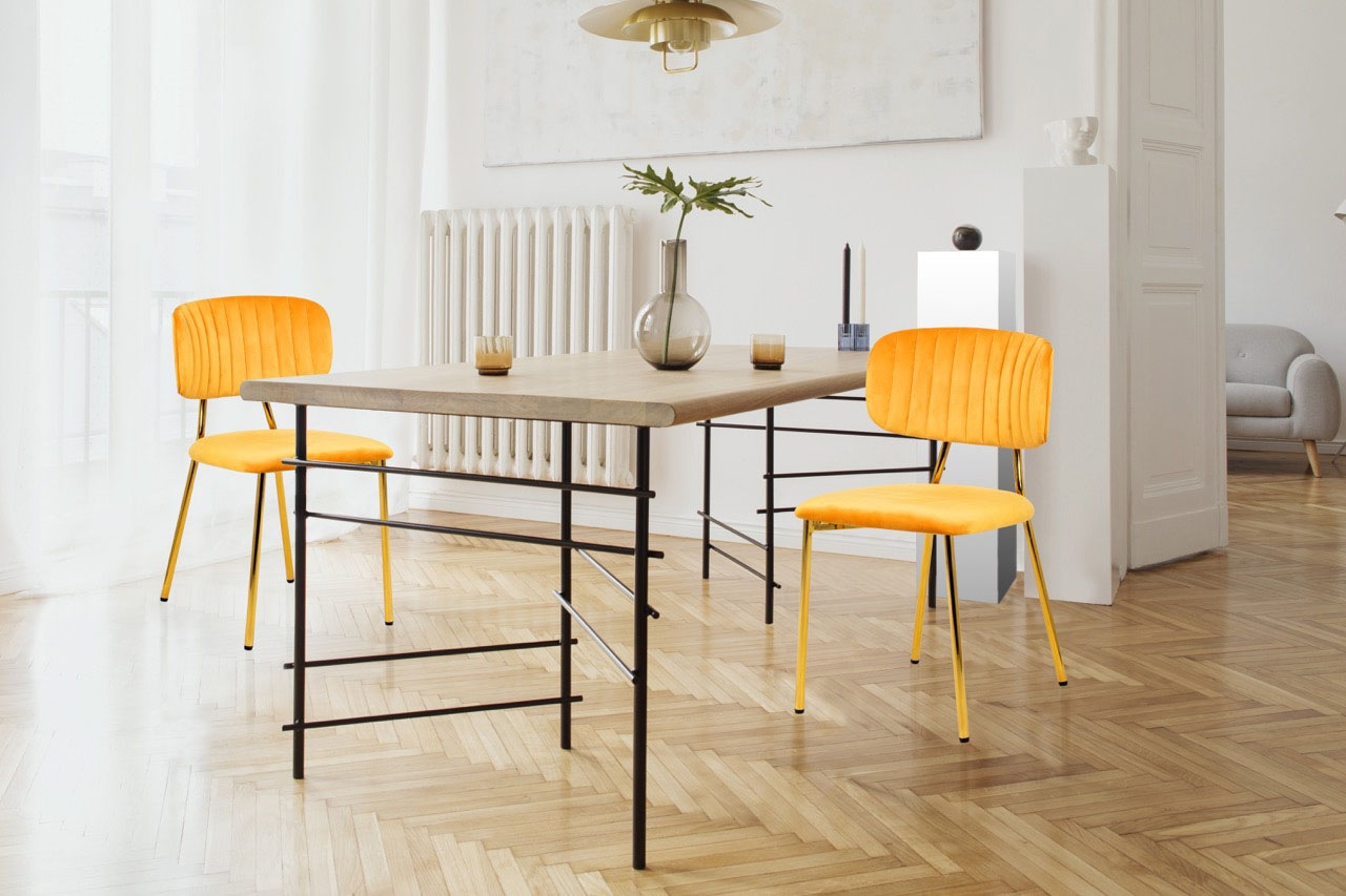 Kayoom Polsterstuhl »Stuhl Giselle 125 2er-Set, pflegeleichter Samtbezug«, (Set), 2 St., mit Armlehnen, goldenes Gestell aus Edelstahl, Samtbezug, Ziernähte