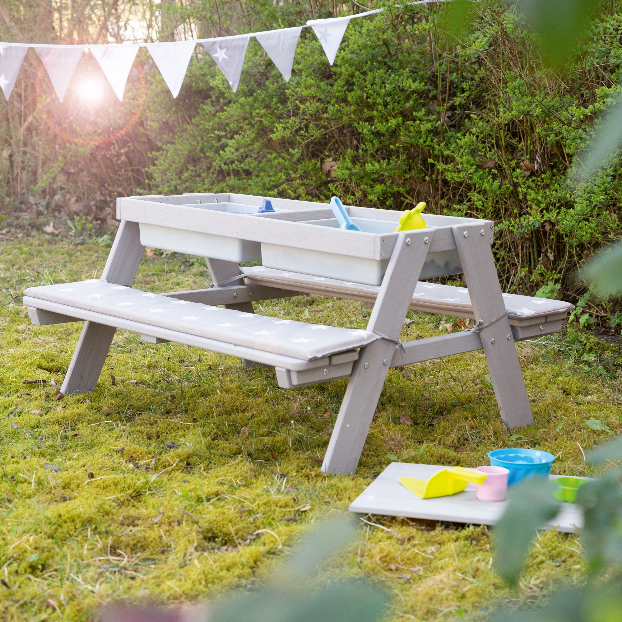 roba® Kindersitzgruppe »Picknick for 4 Outdoor + mit Spielwannen, Grau«, (Set), mit abgerundeten Ecken; inklusive Sitzauflagen Â»Little StarsÂ«