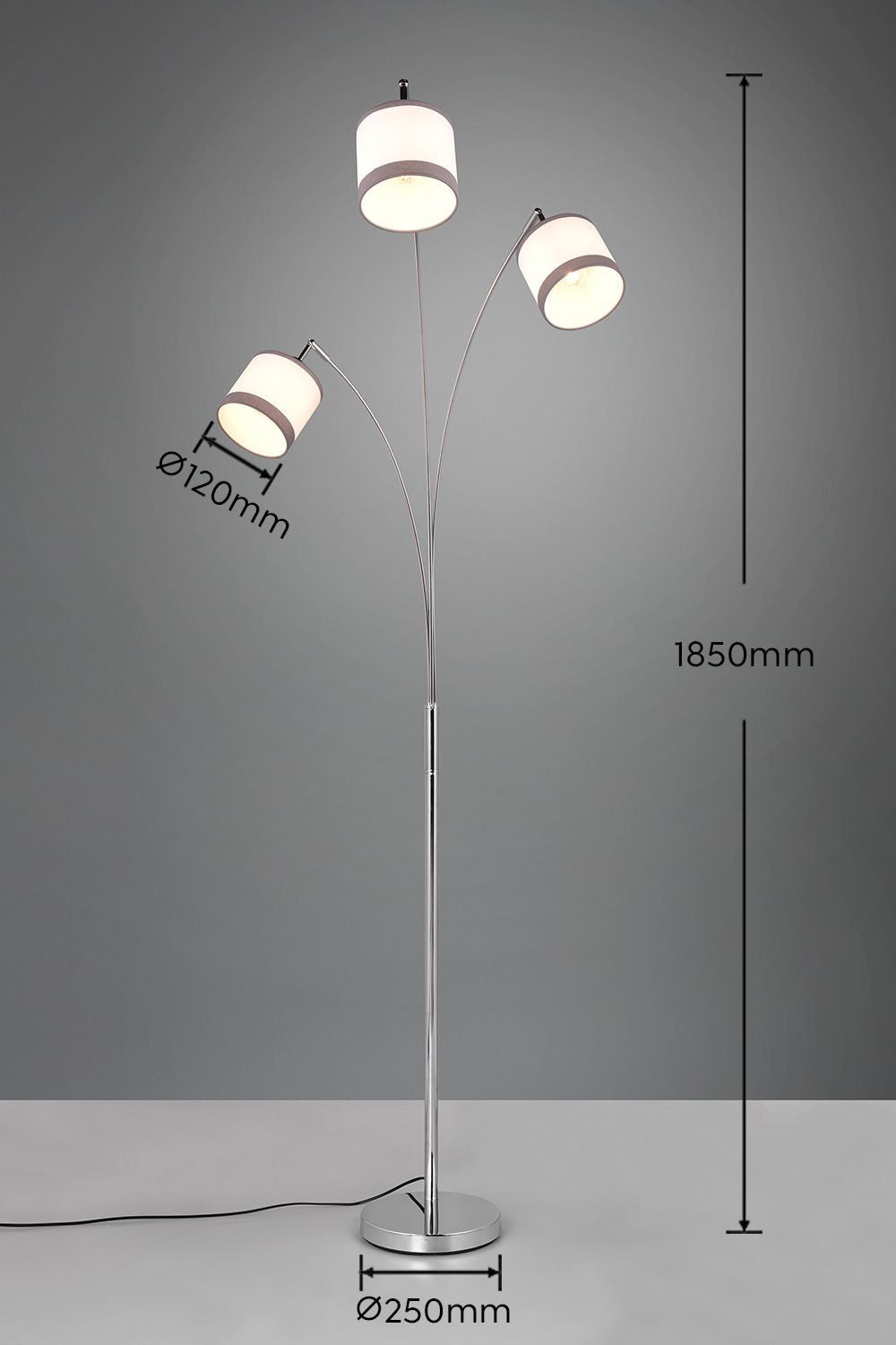 REALITY Leuchten Stehlampe »DAVOS, Stehleuchte 3-flammig exkl 3xE14 max 28W Fußschalter 185cm hoch«, 3 flammig, Leuchtmittel E14 | Leuchtmittel wechselbar, Stehlampe Metall mit 2-farbigen Stoffschirmen Bogenlampe Bogenleuchte