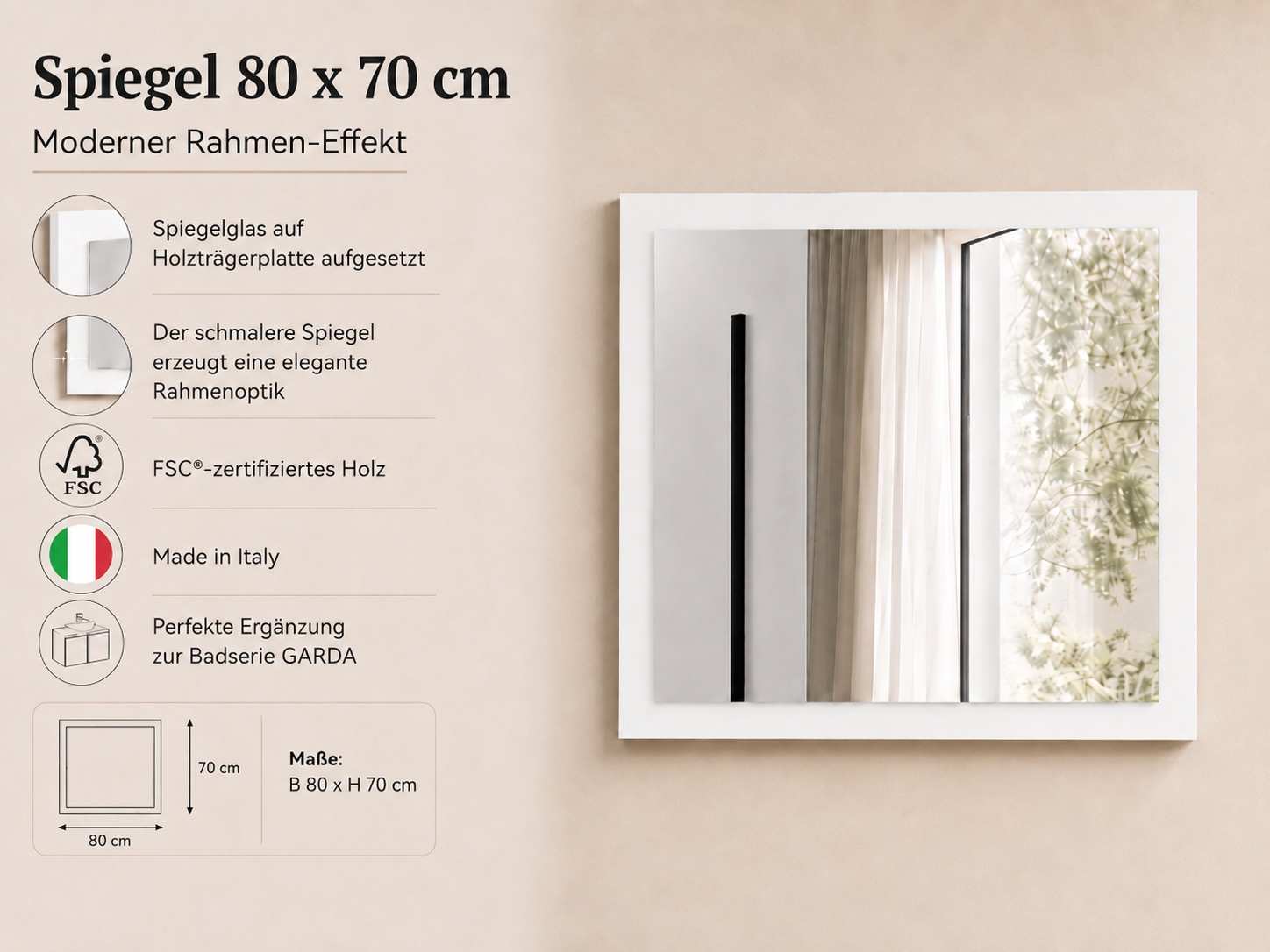 welltime Badspiegel »Garda, Waschbeckenunterschrank,Breite 80 cm,Waschtisch« Breite 80 cm- Passend zur Serie Garda
