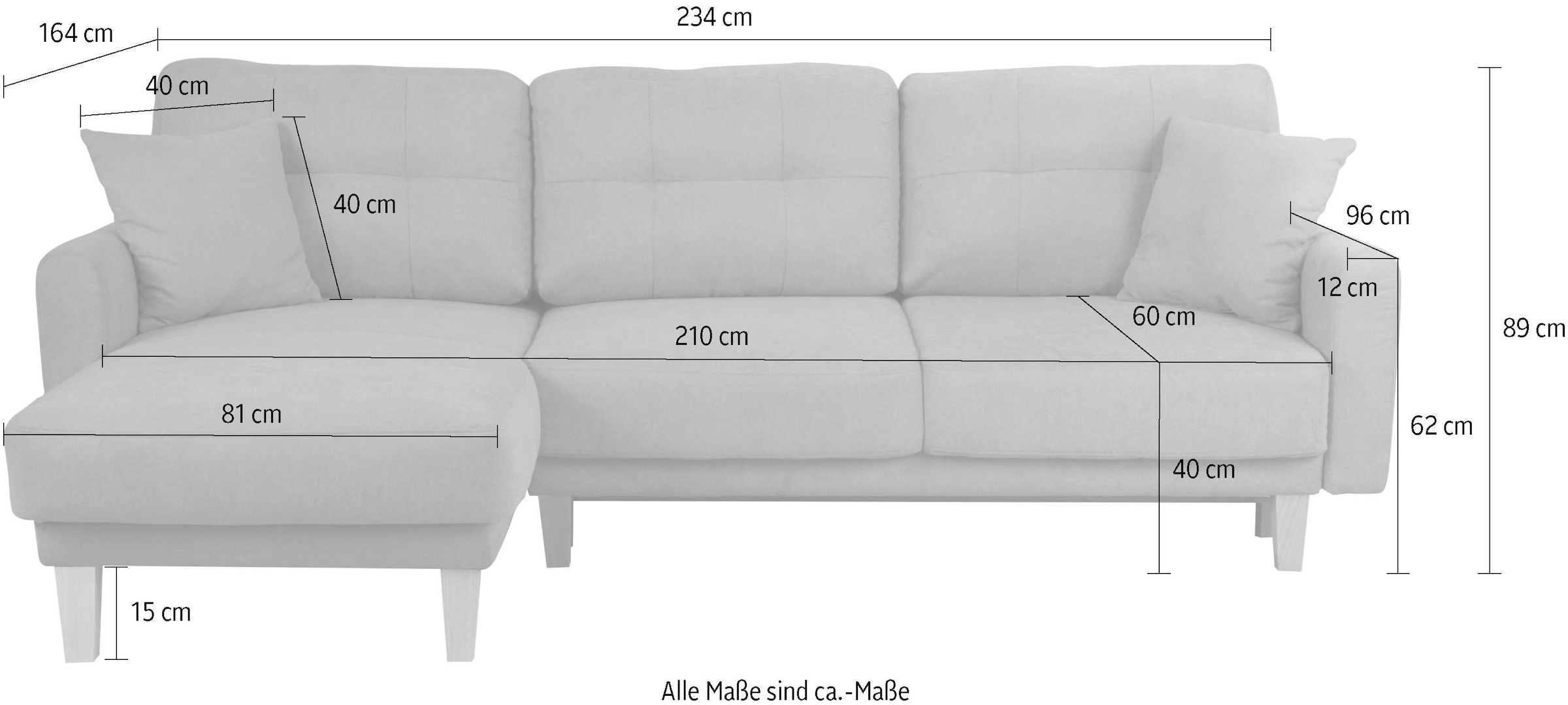 Home affaire Ecksofa »TRIPLO optionale Schlafsofa mit Bettkasten, Maße B/T/H: 234/164/89 cm« L-Form wahlweise mit Bettfunktion - Liegefläche 132x210 cm