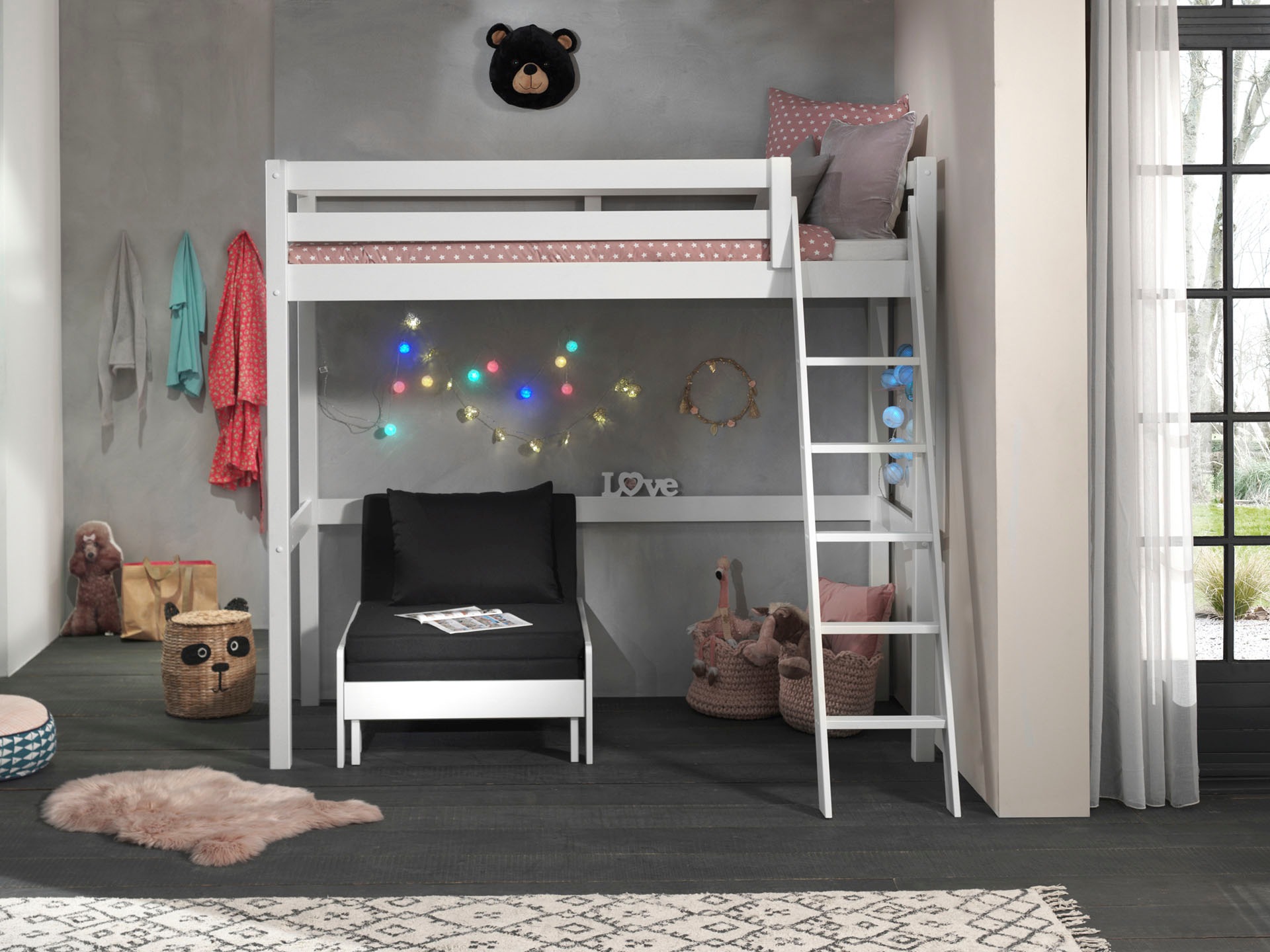 Vipack Hochbett, (Made in Europe), Hochbett mit 90 x 200 cm Liegefläche, grau oder weiß lackiert