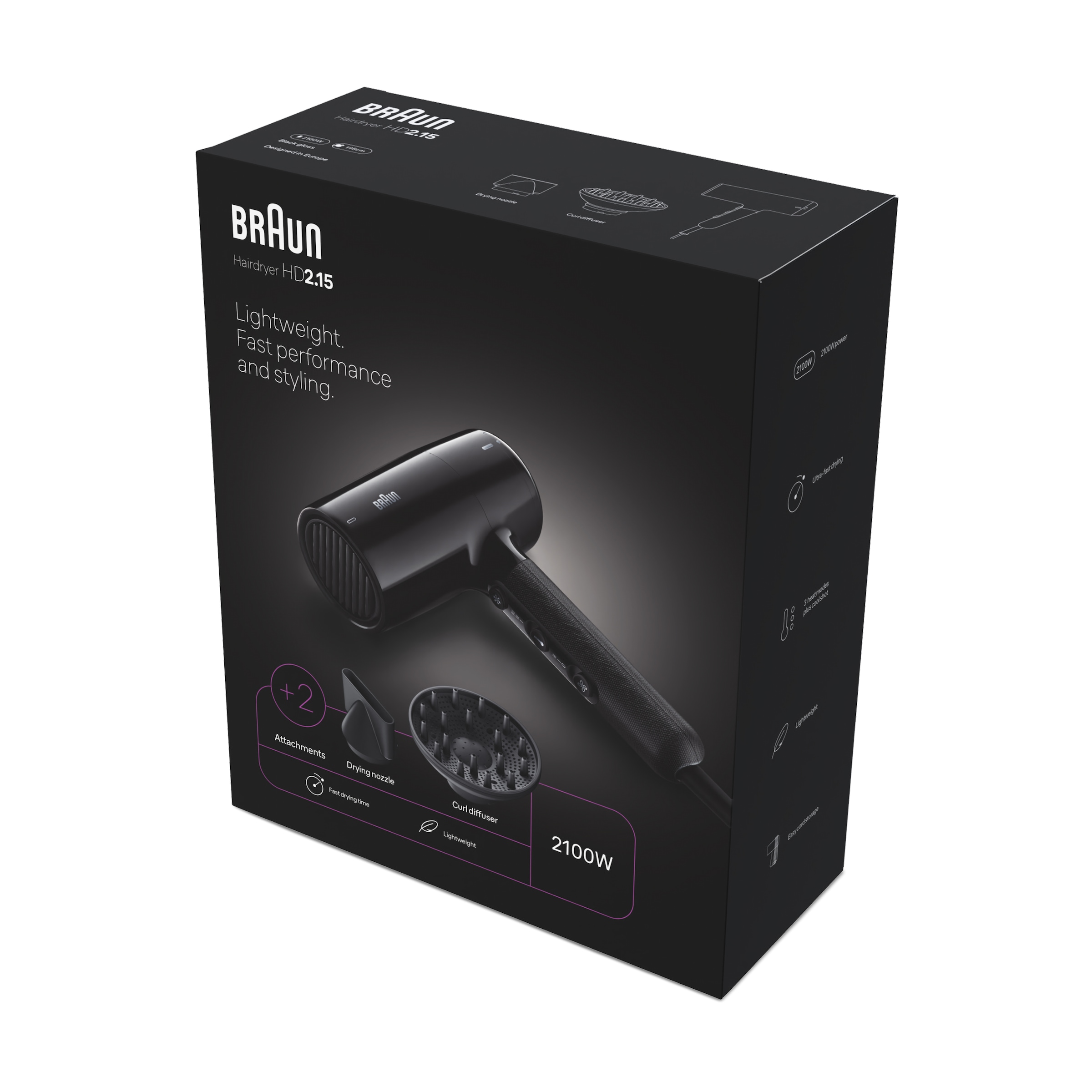 Braun Haartrockner »HD2.15, mit Diffusor für Locken, BRHD215E« 2.100 W 2 Aufsätze 2100W, Föhn mit 2 Aufsätzen, ohne Hitzeschäden, Kabelaufwicklung