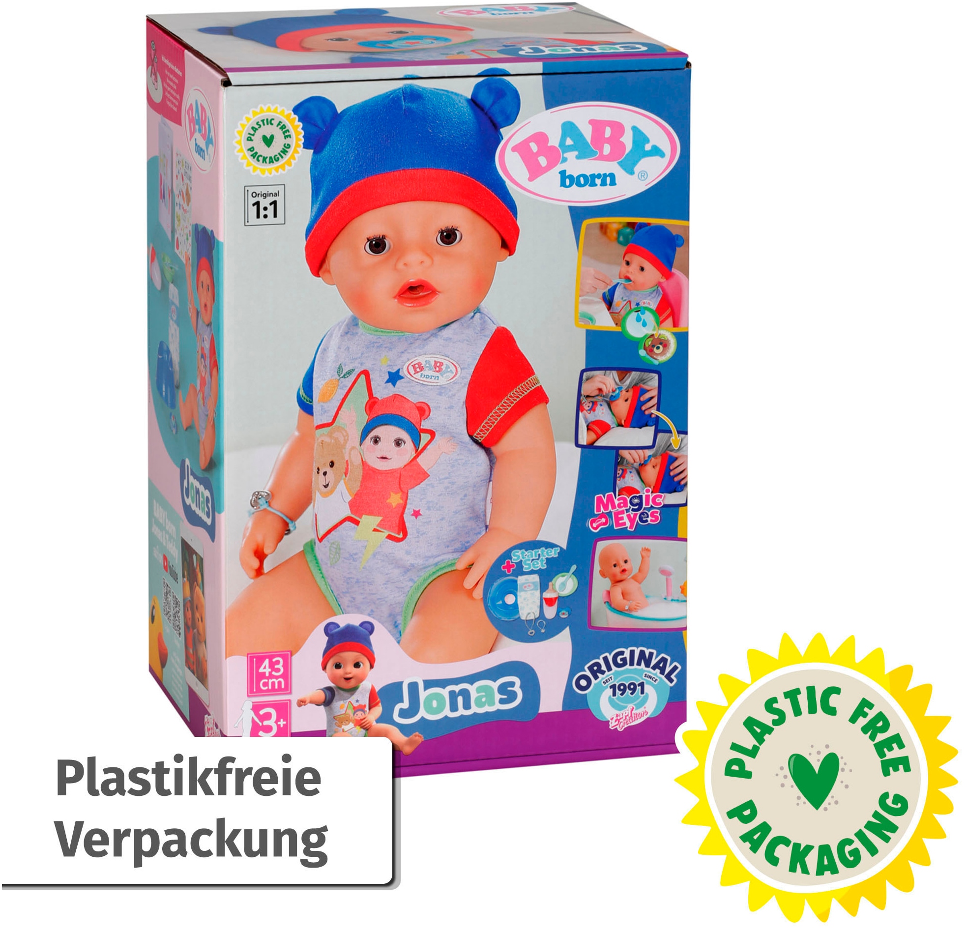 Baby Born Babypuppe »Jonas, 43 cm«, (Set, 11 tlg.), mit 10 lebensechten Funktionen