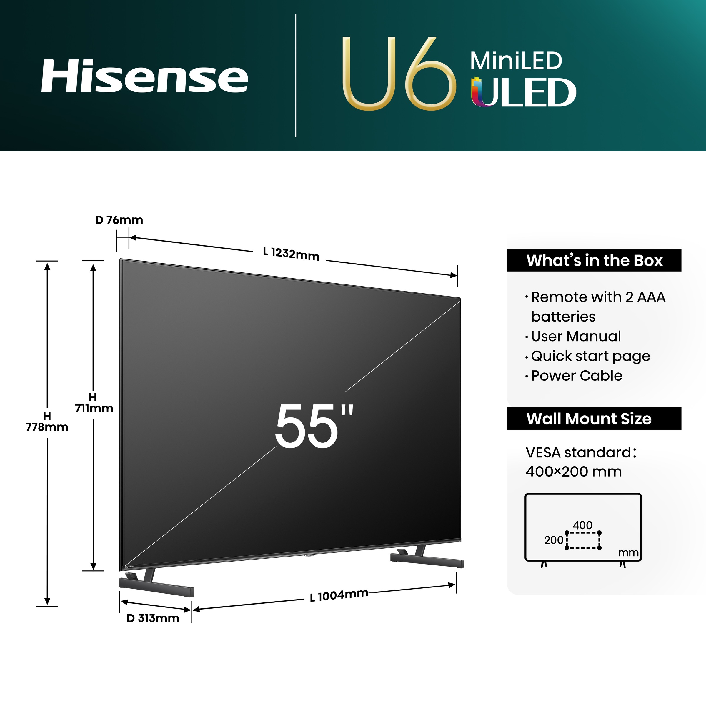 Hisense Mini-LED-Fernseher »55U6NQ«, 4K Ultra HD, Smart-TV, 4KUHD, ULED, Mini LED