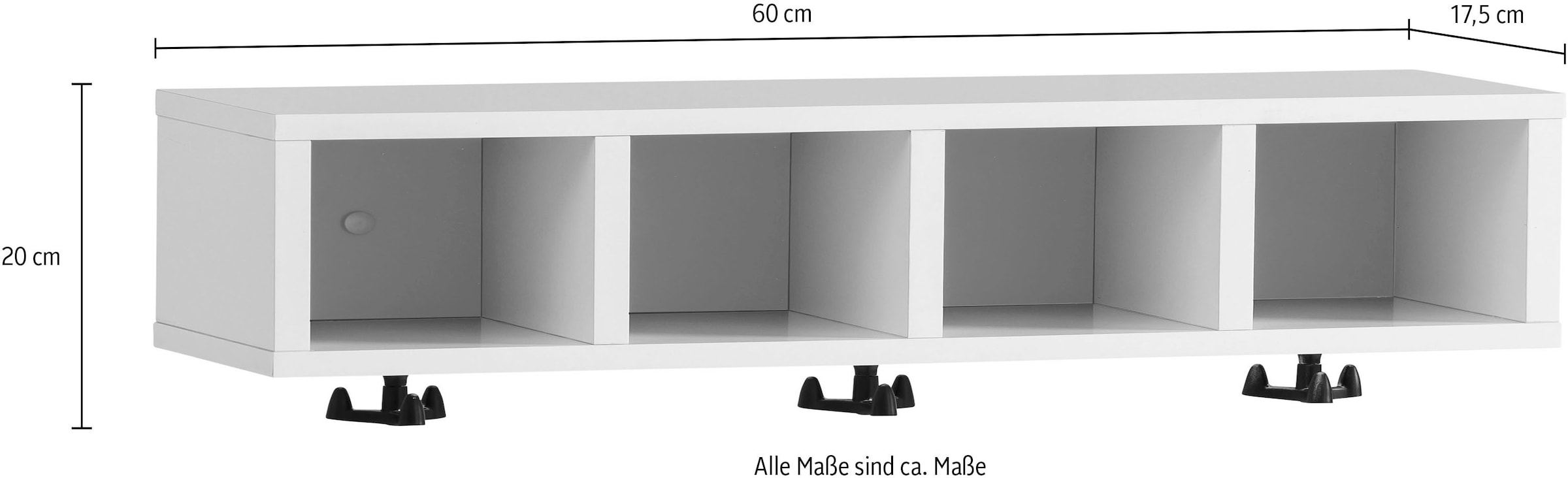 welltime Wandregal »Balto, 59 cm«, Vier offene Fächer, Kleiderhaken aus Metall