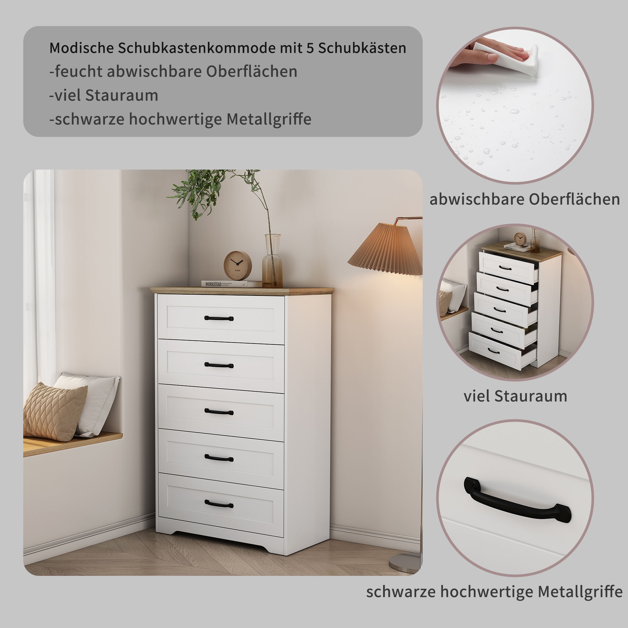 OTTO home Schubkastenkommode »Emmilia Sideboard im Landhaus Design« Kommode mit viel Stauraum im Schlafzimmer,  Schubladenschrank Sideboard Wäscheschrank Skandi Design