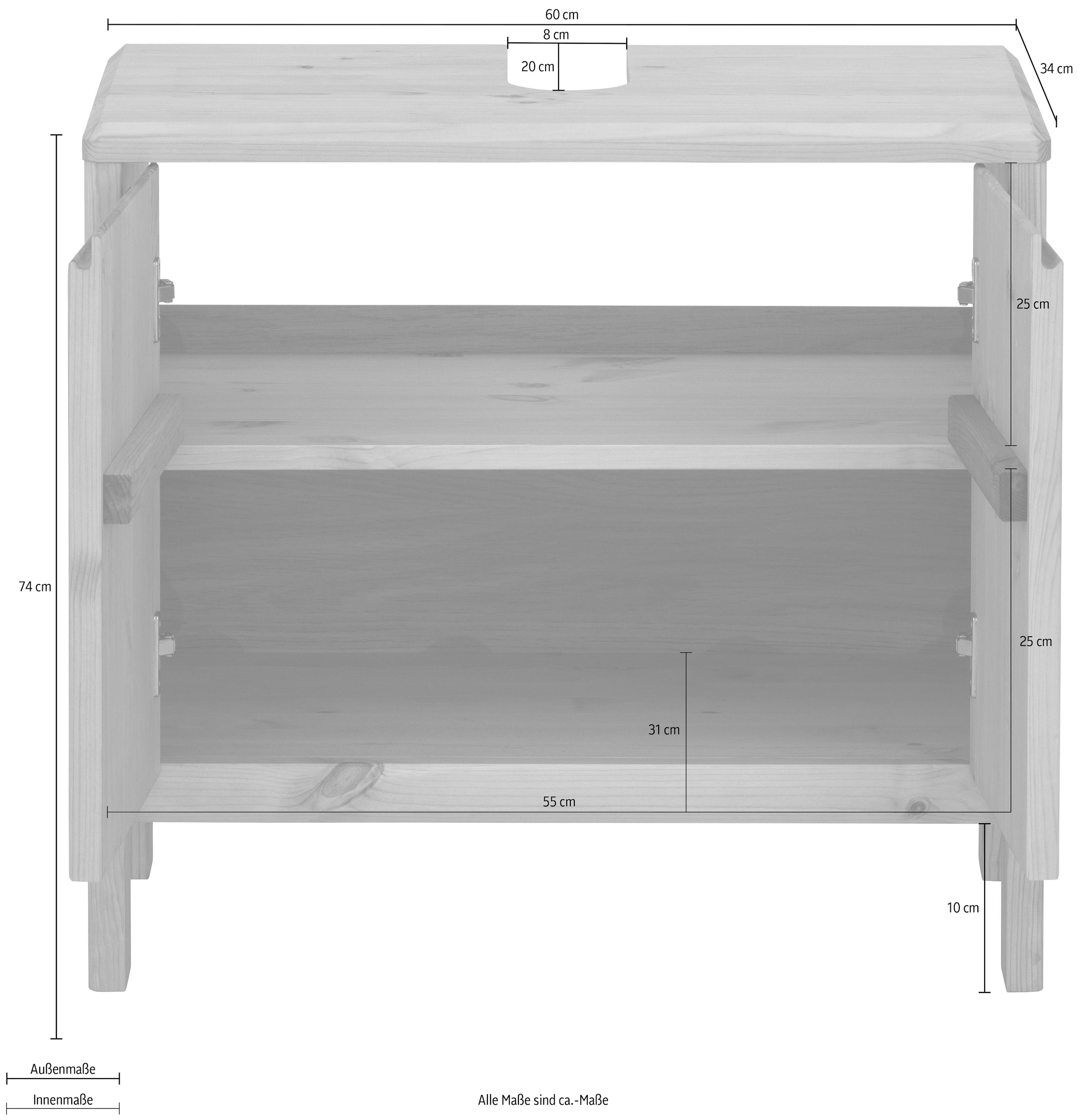 OTTO products Waschbeckenunterschrank »Jorrick«, Breite 60 cm, Kiefer mit Bio Öl/Wachs behandelt, Siphonausschnitt