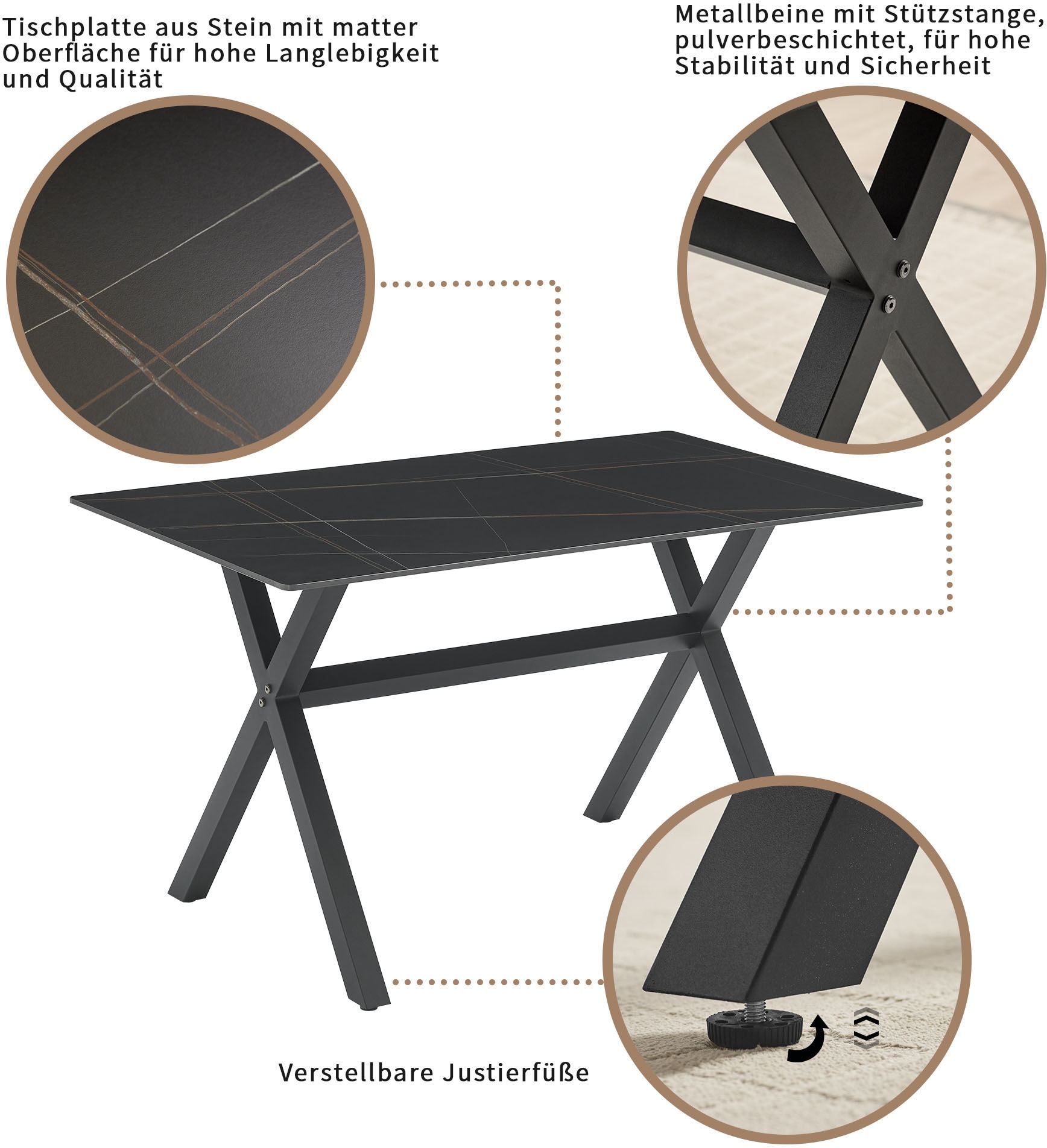 OTTO home Essgruppe »Arye« Set, 140 cm Esstisch + 4 Stühle, 5 Stk. tlg. Samt- oder Strukturstoffbezug, Metallgestell, Tischplatte Sinterstein