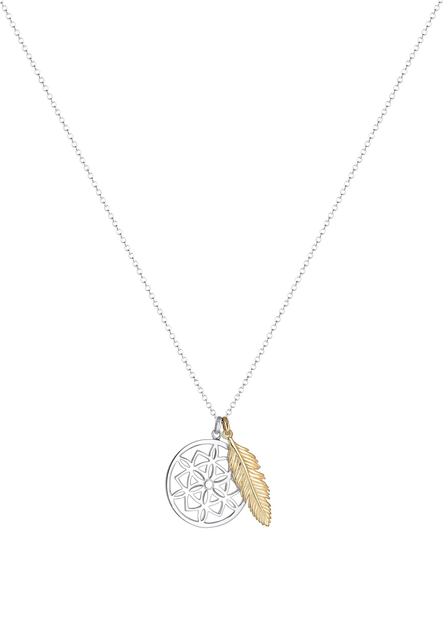 Elli Kette mit Anhänger »Halskette Ornament Feder Anhänger Traumfänger 925 Sterling Silber bicolor«