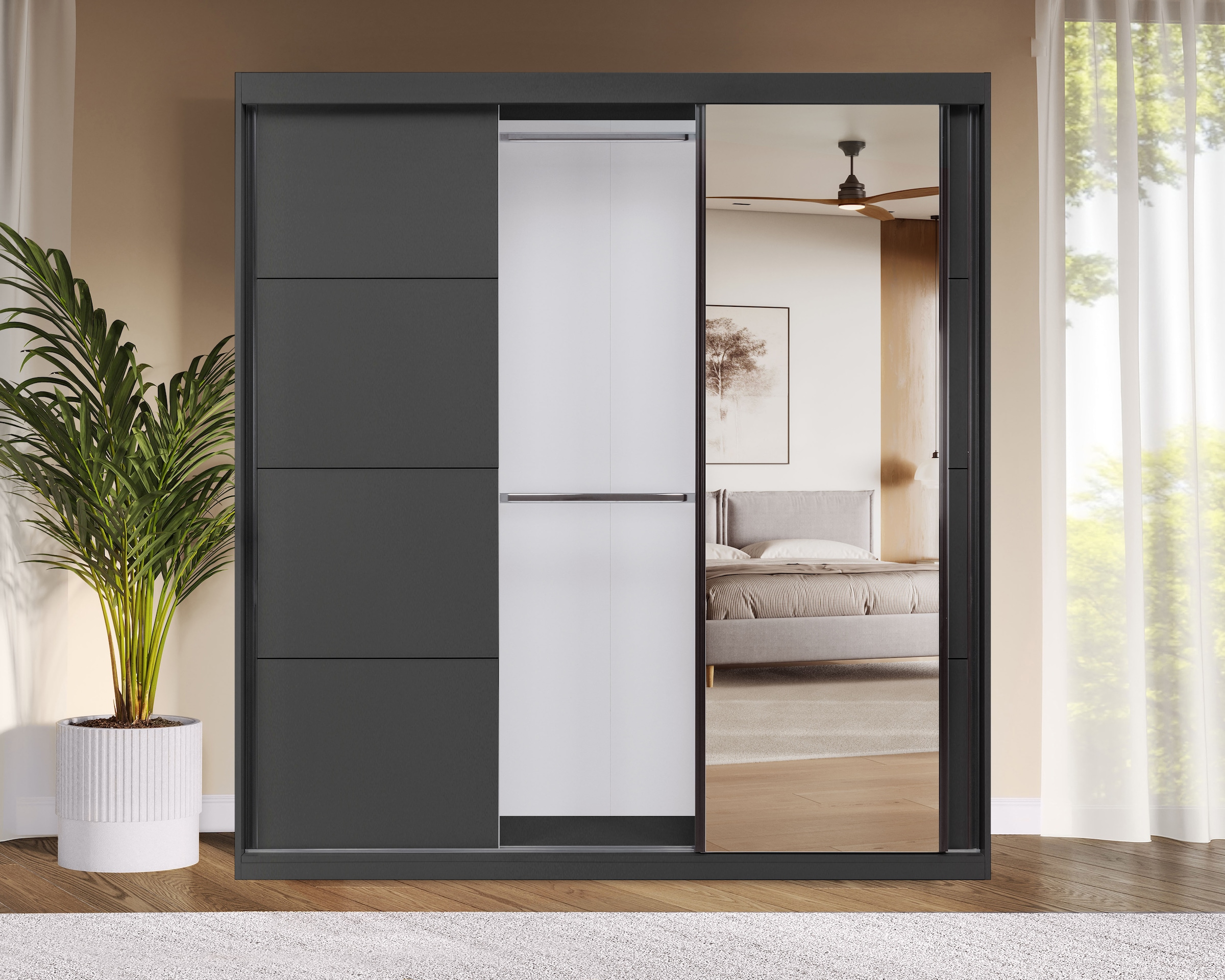 OTTO home Schwebetürenschrank »Tonara Schrank, Kleiderschrank 2,00m Breite, Schiebetürenschrank« Schrank mit leichtgängiger Schiebetür, in 4 Farben , Top Ausstattung,  inklusive Spiegeltür, 2 Kleiderstangen & 4 Schubkastenauszügen