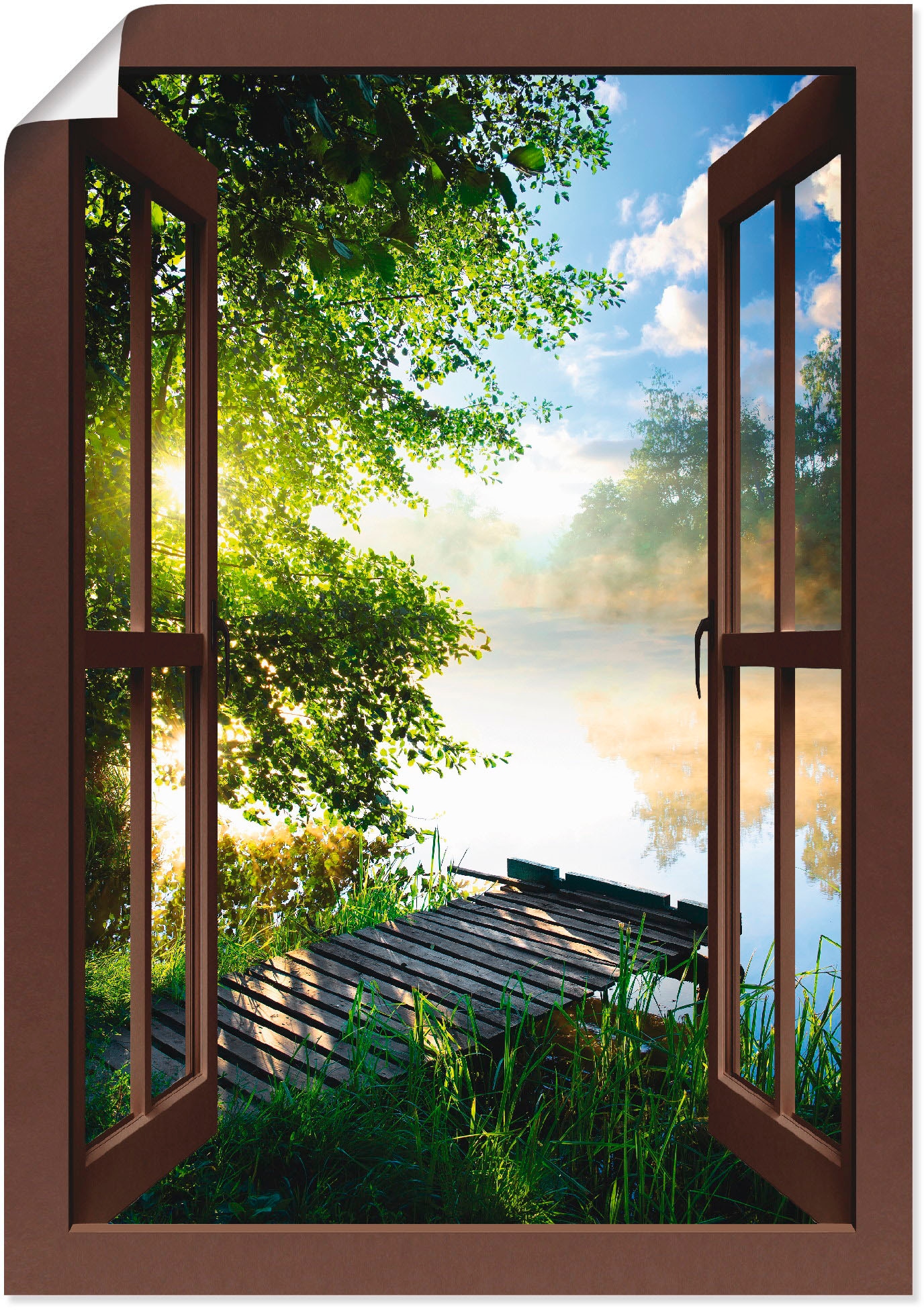 Wandbild »Fensterblick Angelsteg am Fluss«, Fensterblick, (1 St.), als Alubild,...
