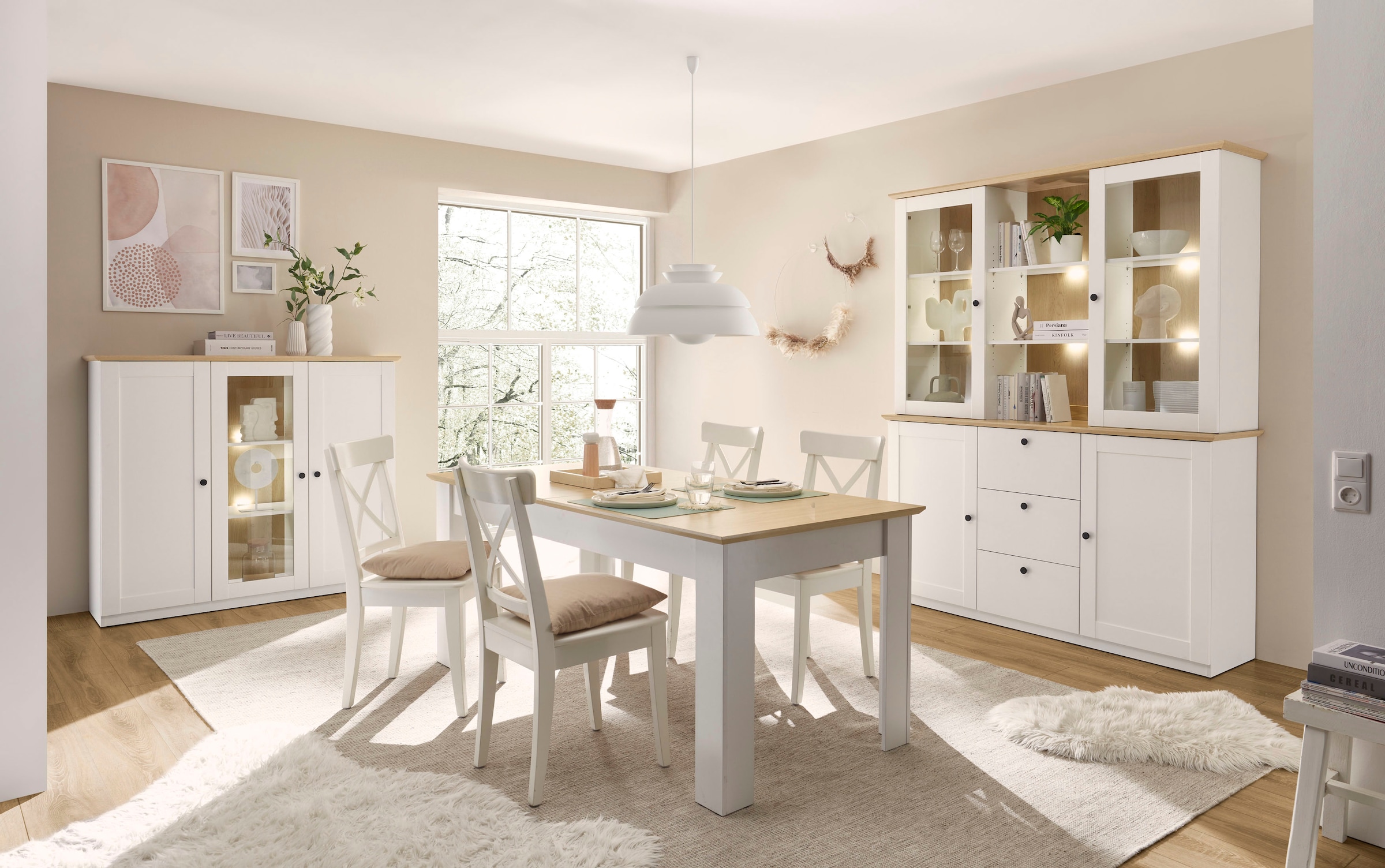 OTTO home Buffet »Brest, Hochschrank im Landhausstil, Schrank, Küchenschrank« schwarze Metallgriffe, viel Stauraum, Glastüren, 164 cm breit