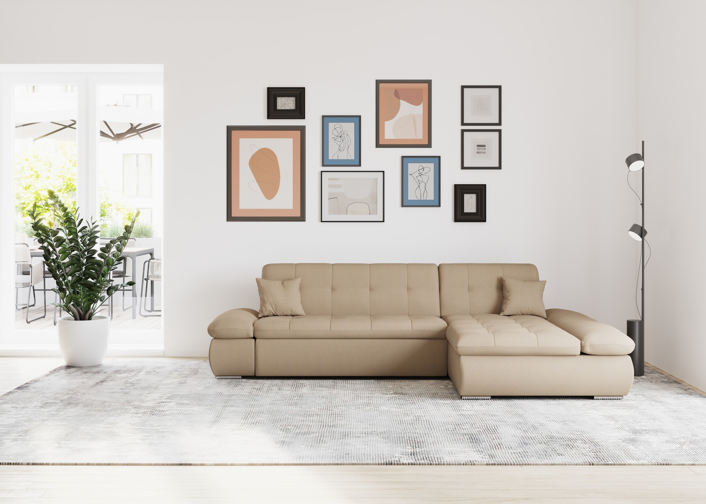 DOMO collection Ecksofa »Moric, L-Form, XXL-Sofa - Breite 300cm«, wahlweise mit Bettfunktion und Armteilverstellung, cappucino
