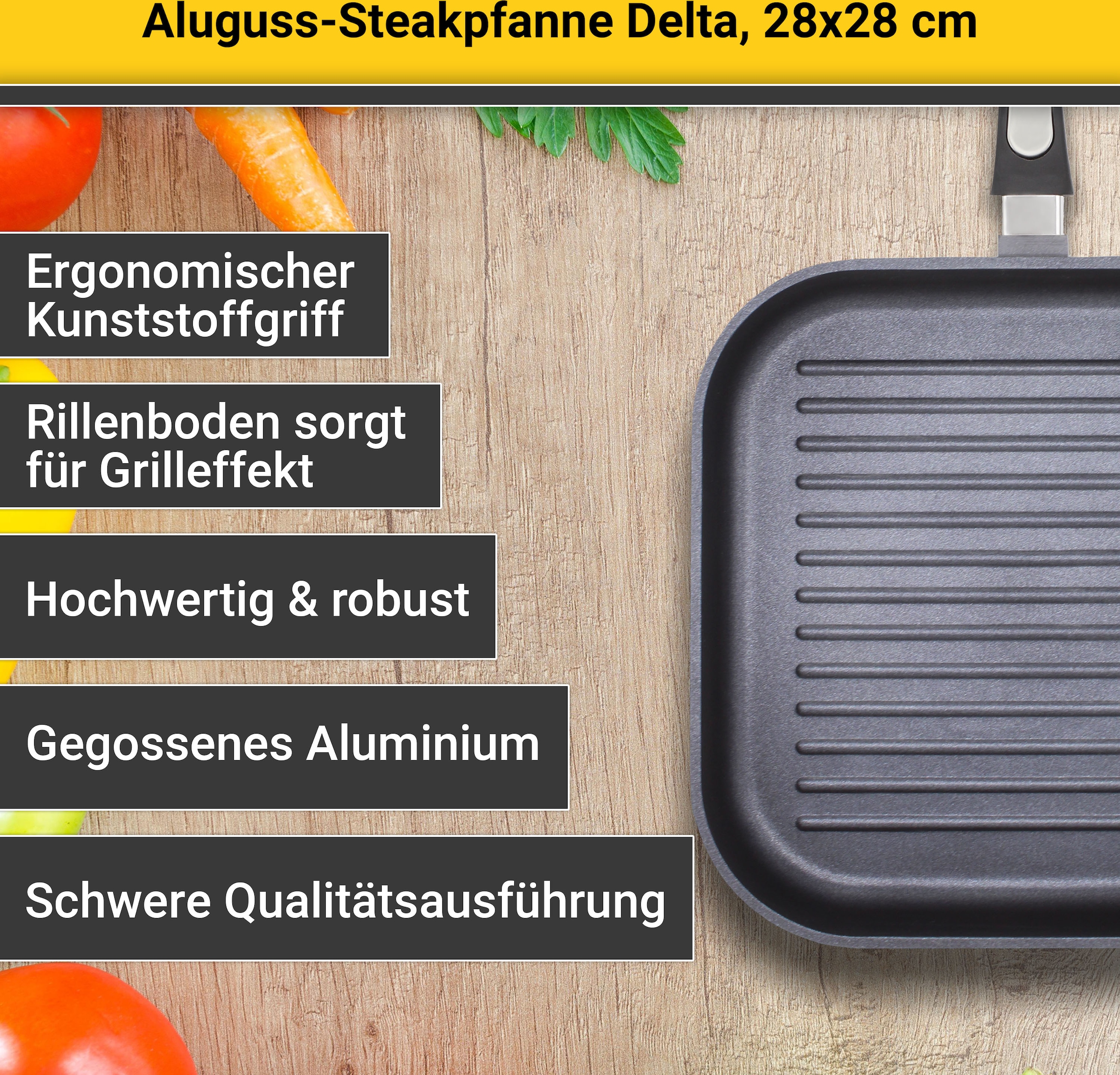 Krüger Steakpfanne »Aluguss Grill-Steakpfanne DELTA, 28 x 28 cm«, Aluminiumguss, (1 tlg.), für Induktions-Kochfelder geeignet