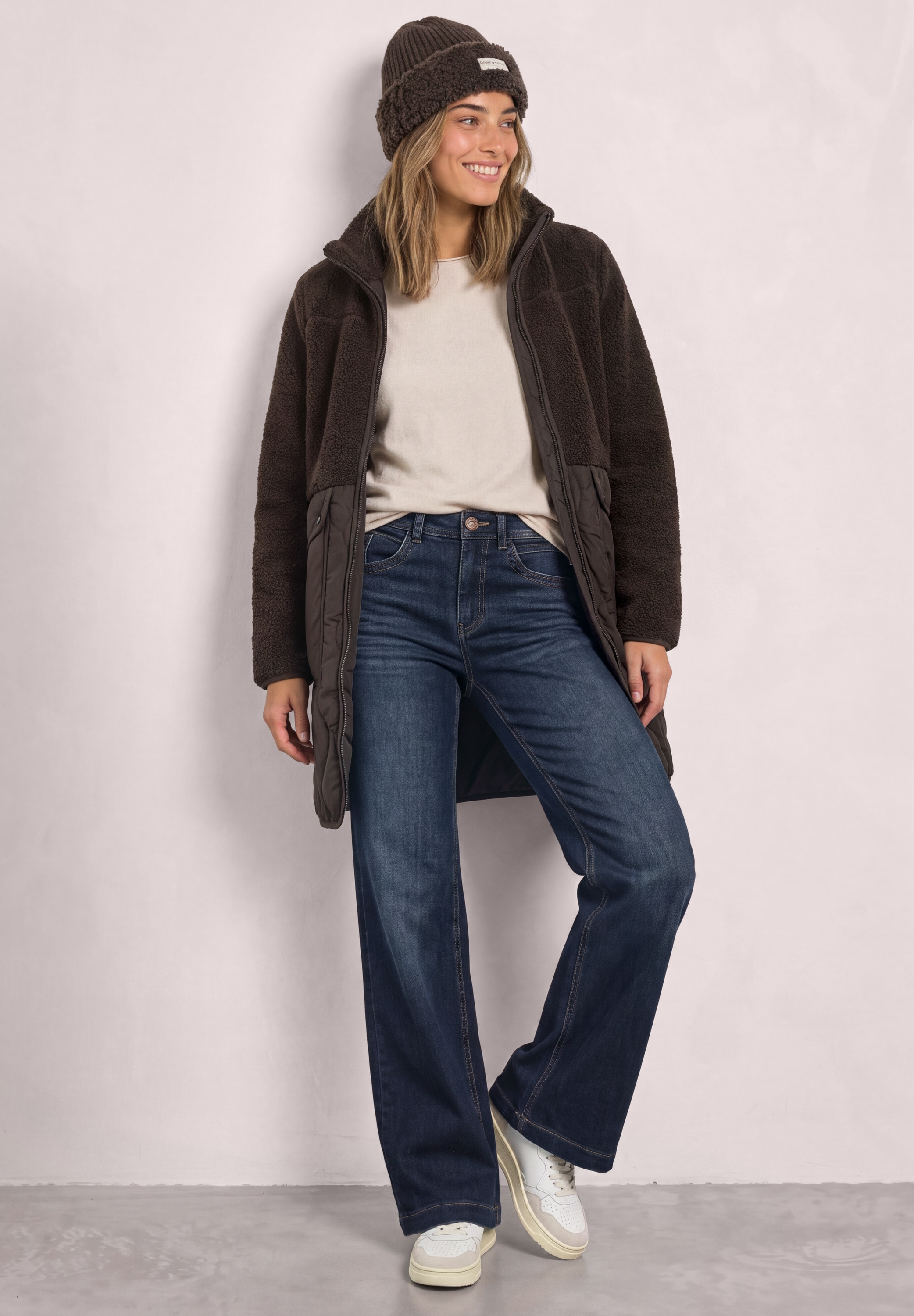 STREET ONE Langjacke ohne Kapuze Teddy-Mantel mit Strukturmix und Stehkragen