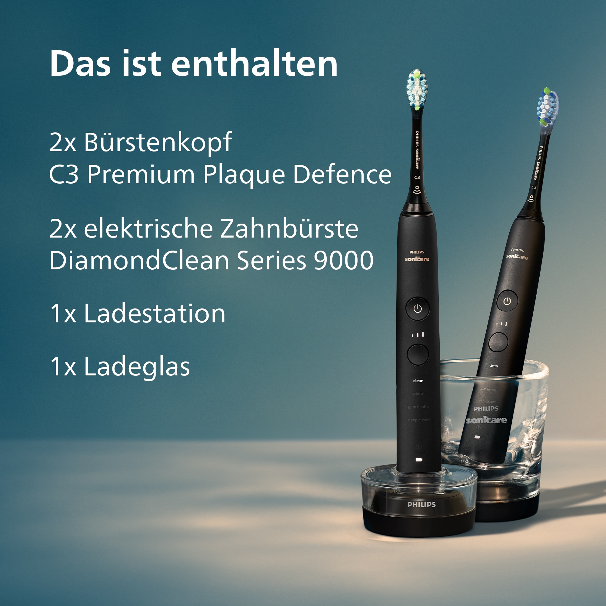 Philips Sonicare Elektrische Zahnbürste »HX9914« 2 Stk. Aufsteckbürsten DiamondClean Premium Schallzahnbürste, Doppelpack inkl. Ladeglas