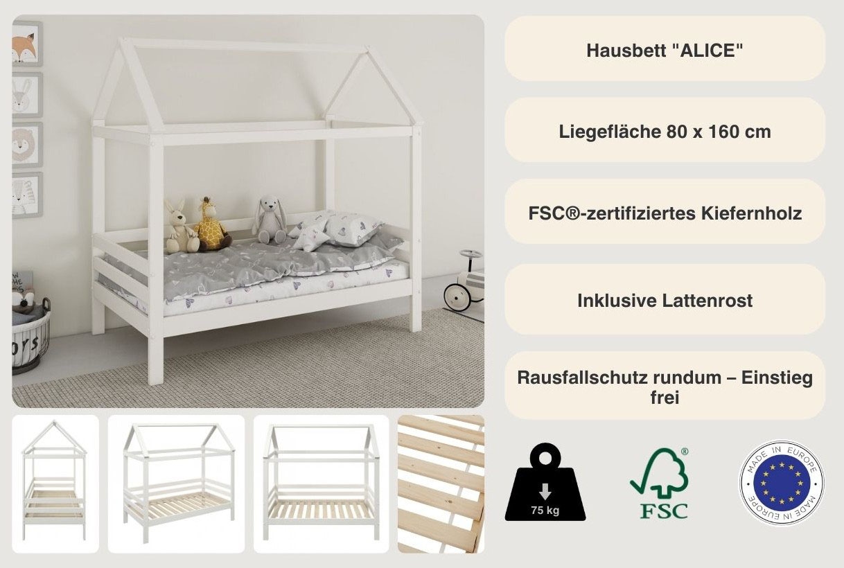 OTTO home Hausbett »Alice, Bett, Made in Europe, FSC® zertifiziertes Massivholz« zertifiziertes Massivholz, inklusive Lattenrost