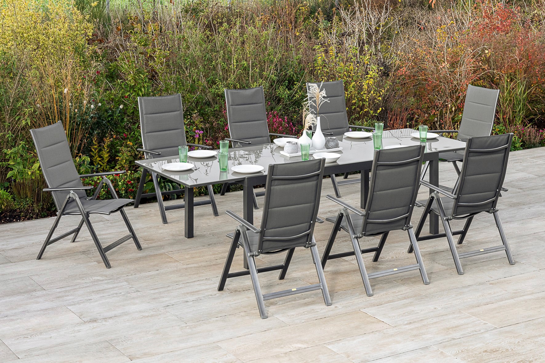 MERXX Garten-Essgruppe »Taviano«, (Set, 9 tlg.), 8 Klappsessel, 5-fach verstellbar, Ausziehtisch