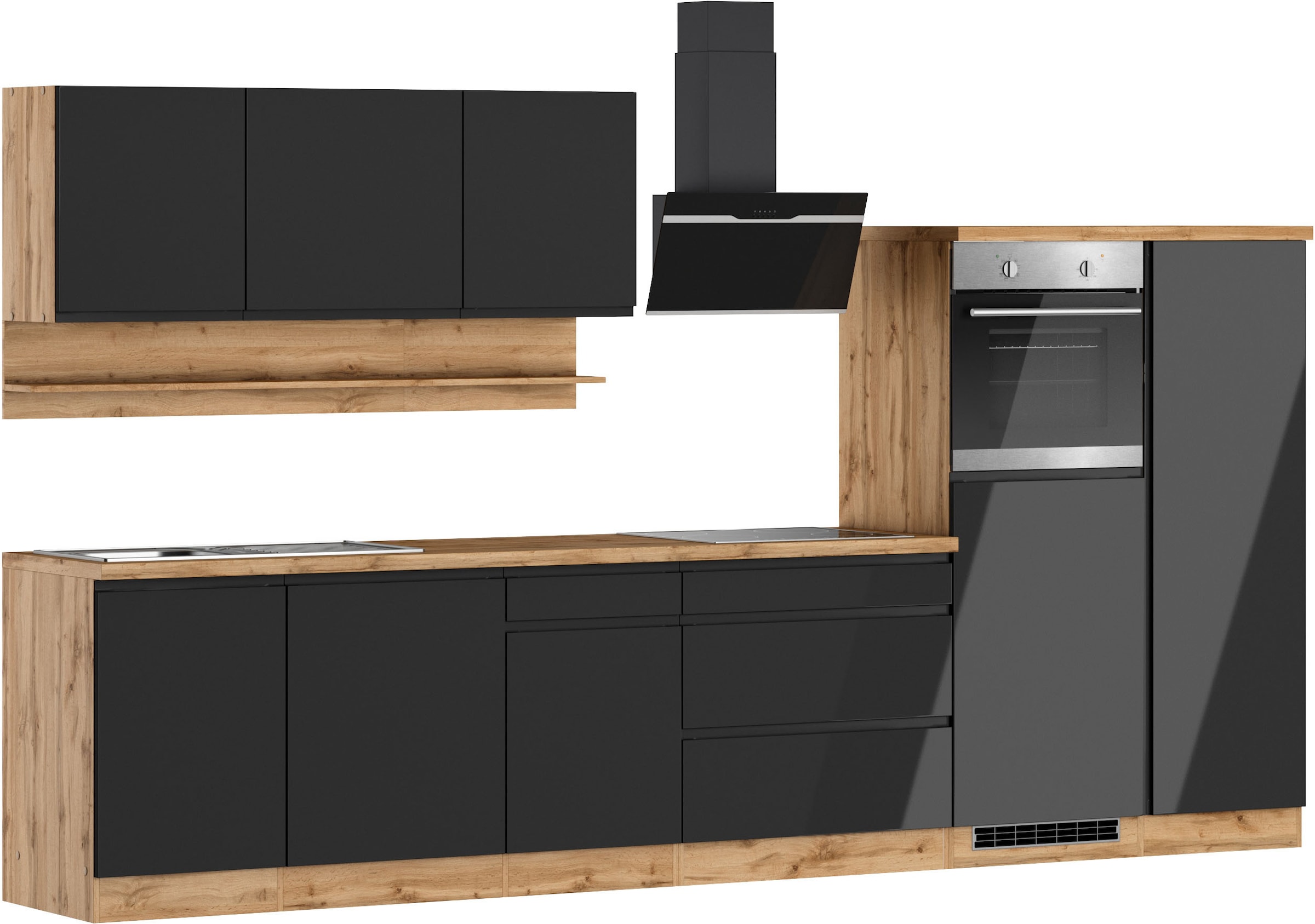 KOCHSTATION Küchenzeile »KS-Virginia,neu in verbesserter Ausführung« Arbeitsplatte 38 mm stark, Stauraum, Softclose,  Breite 350 cm, Soft-Close, ohne E-Geräte