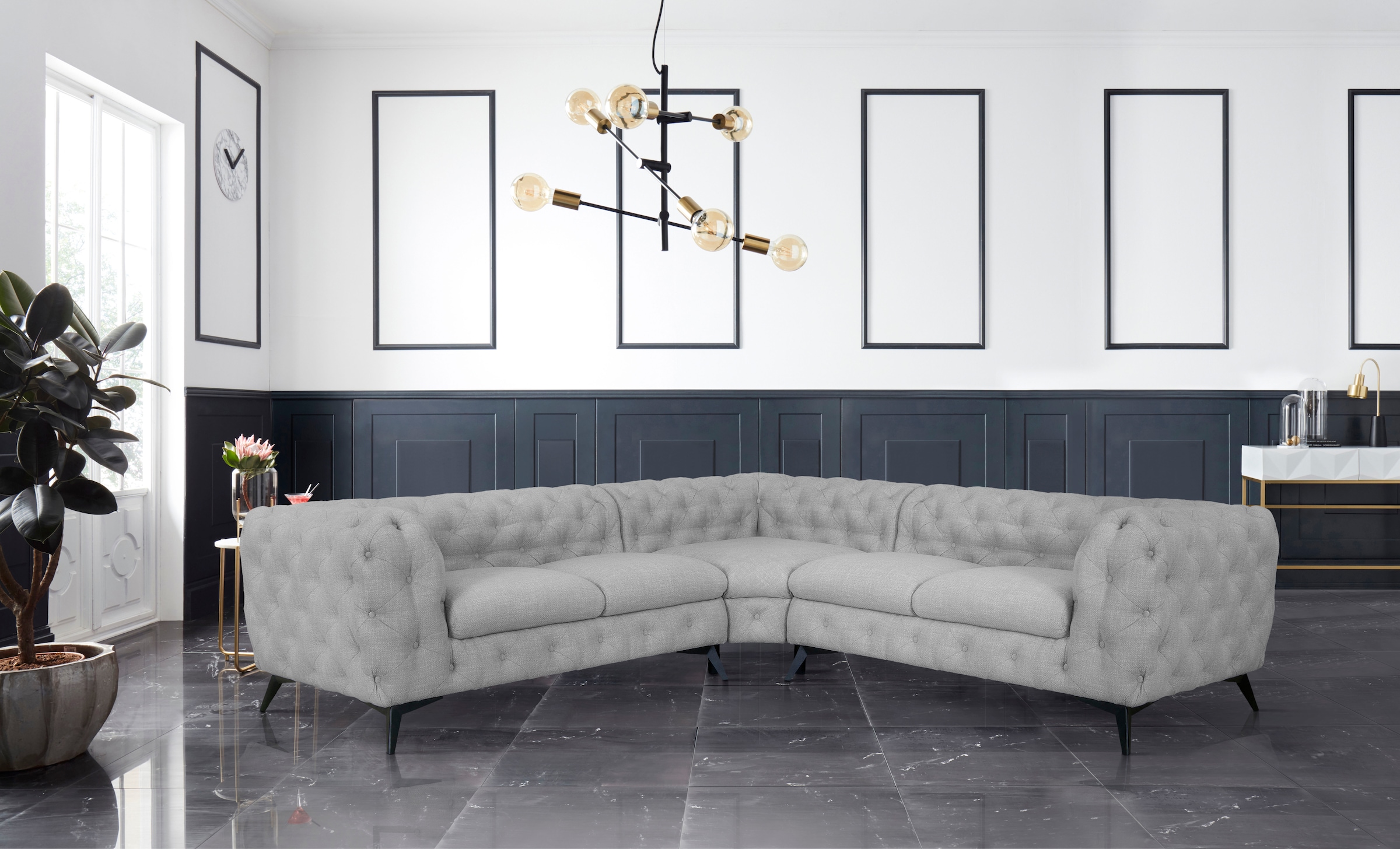 Home affaire Chesterfield-Sofa »Ecksofa GLYNIS L-Form mit Wellenunterfederung, Maße B/T/H 264/264/75cm« aufwändige Knopfheftung, moderne Chesterfield Optik, Fußfarbe wählbar