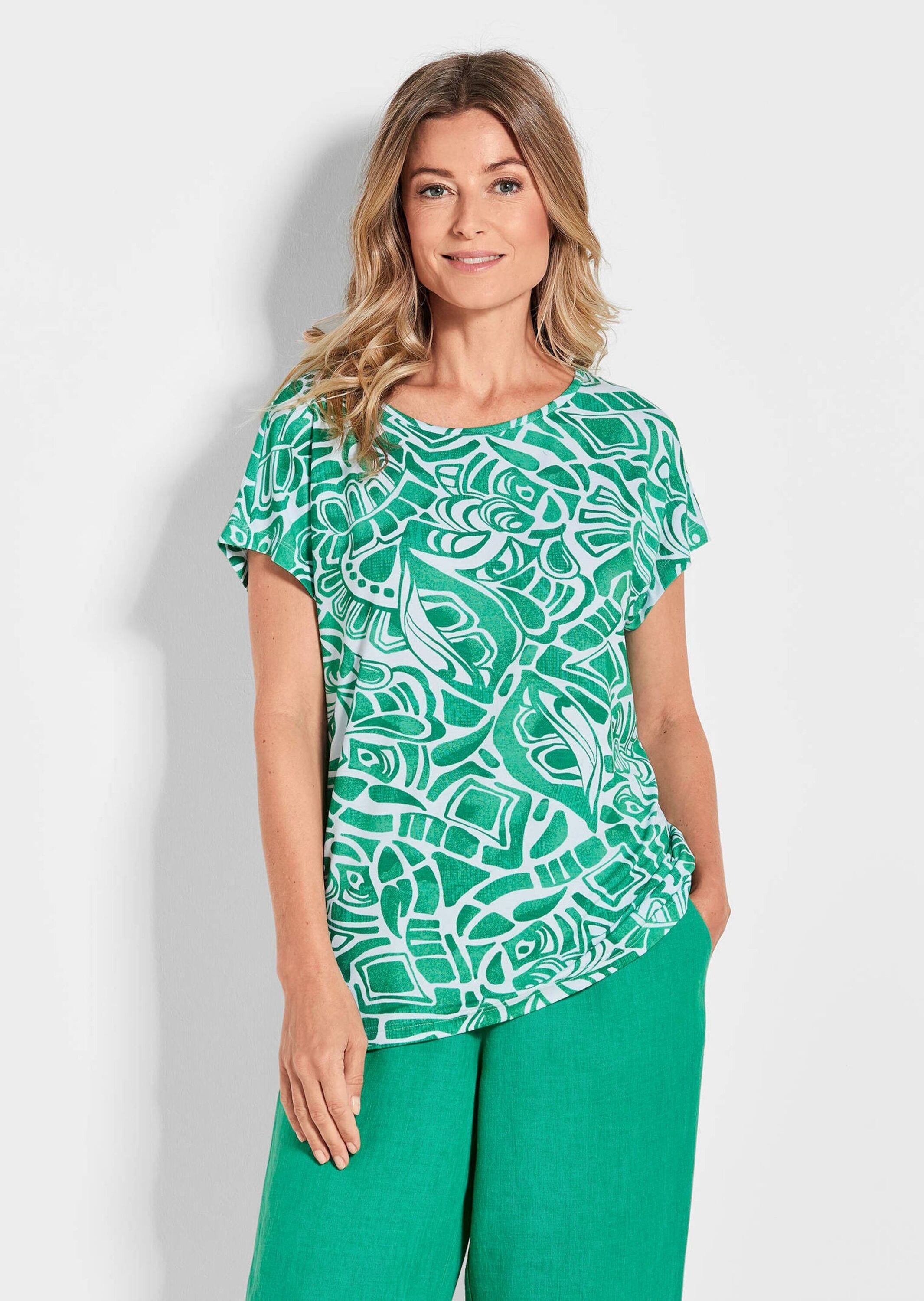 GOLDNER Print-Shirt »Kurzgröße Damen Oberteil Ethnoprint Kurzarm« Druck mit Struktureffekt