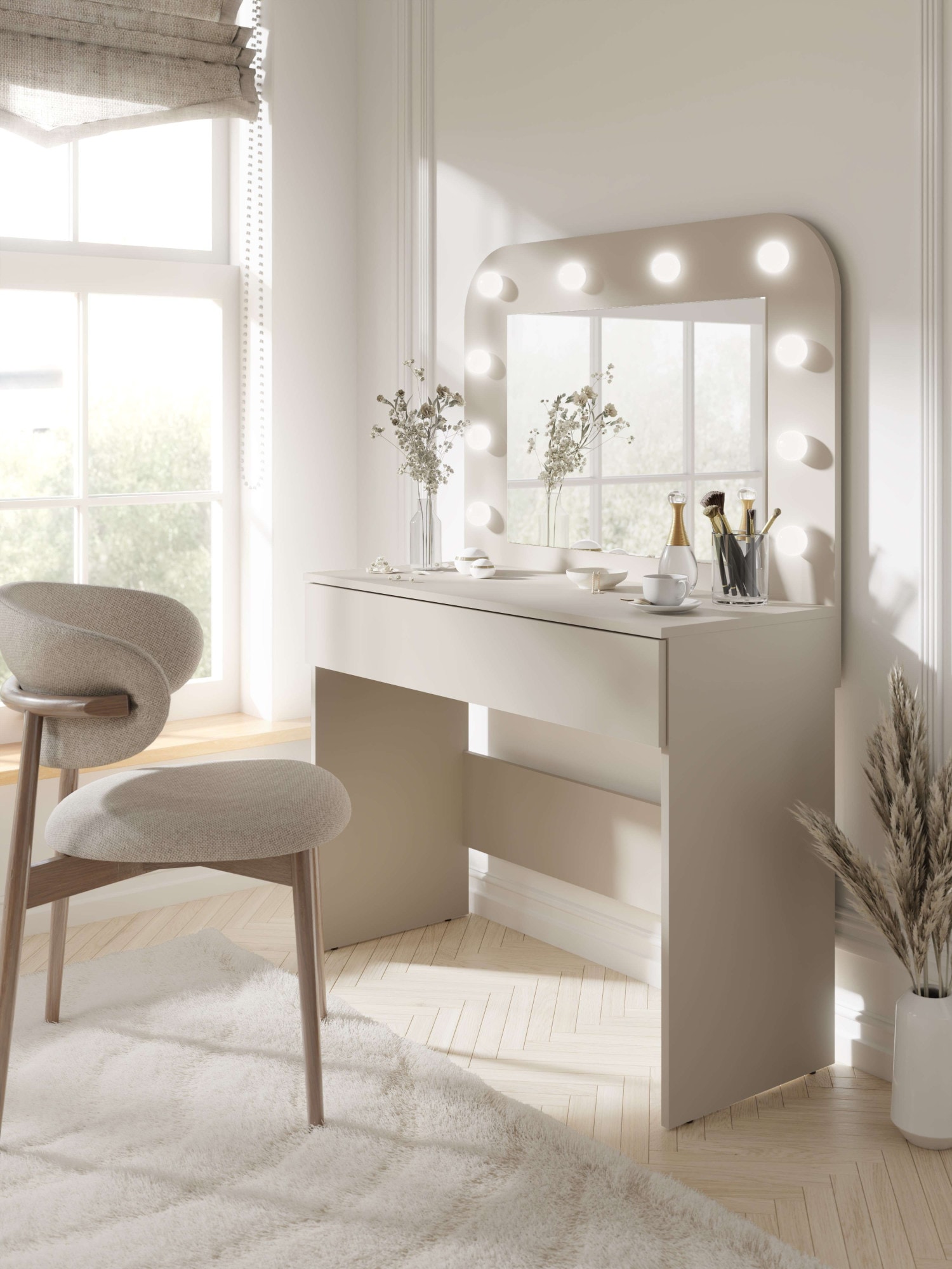 OTTO home Schminktisch »NANCY,BE A STAR! Hollywood Spiegel+Beleuchtung, Schublade Soft Close« B/T/H: 100/42,5/142cm, Farbei Kaschmir Beige,  Kosmetiktisch mit viel Stauraum, LED, Soft-Close,