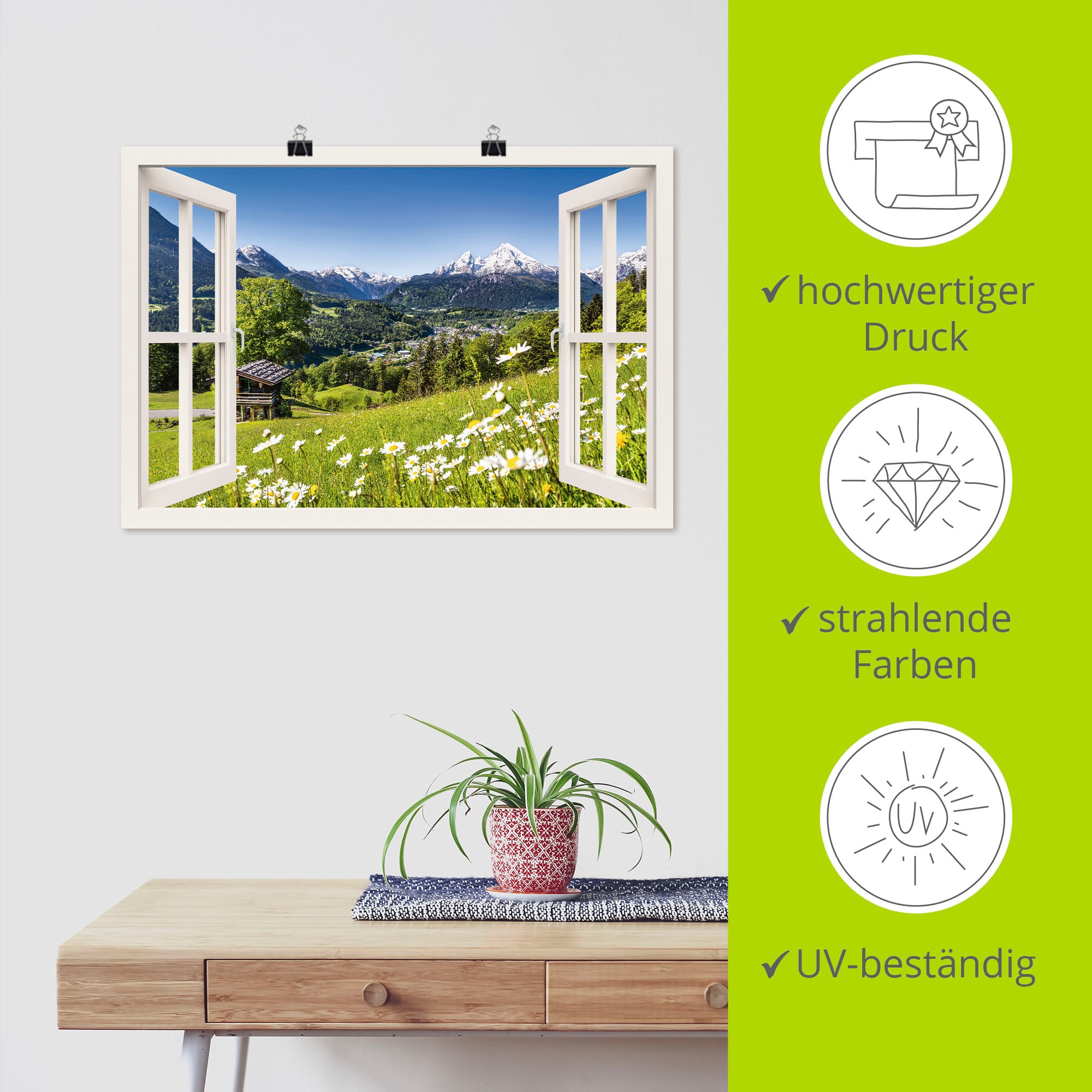 Artland Wandbild »Fensterblick Bayerischen Alpen« Berge 1 Stk. tlg. als Alubild, Leinwandbild, Wandaufkleber oder Poster in versch. Größen