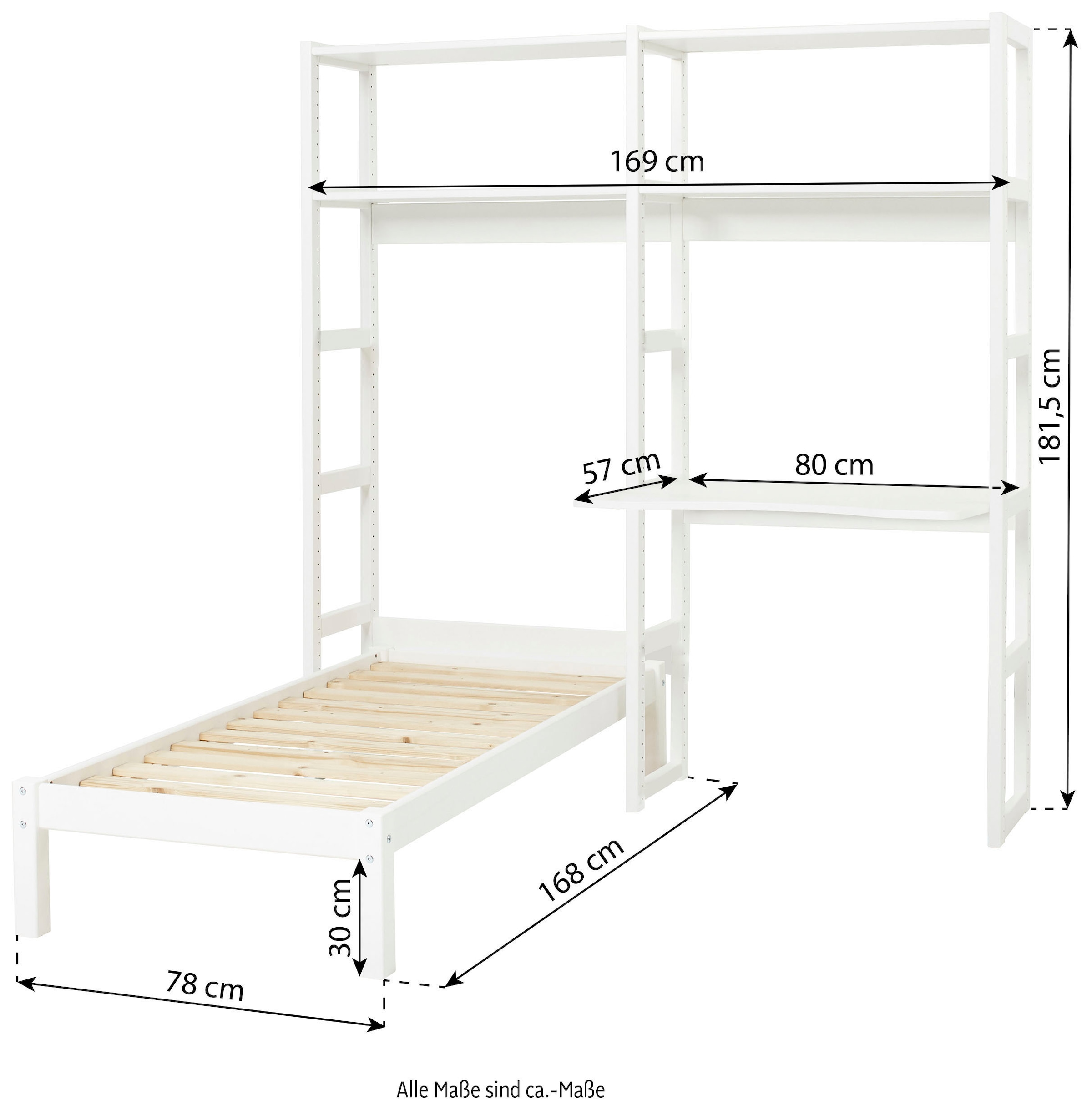 Hoppekids Jugendzimmer-Set »STOREY«, (Set, 13 tlg., Bett, Schreibtischplatte, 4 Einlegeböden, 4 Stützelemente, Rollrost), mit Bett, Schreibtisch & Regal, 2 Größen