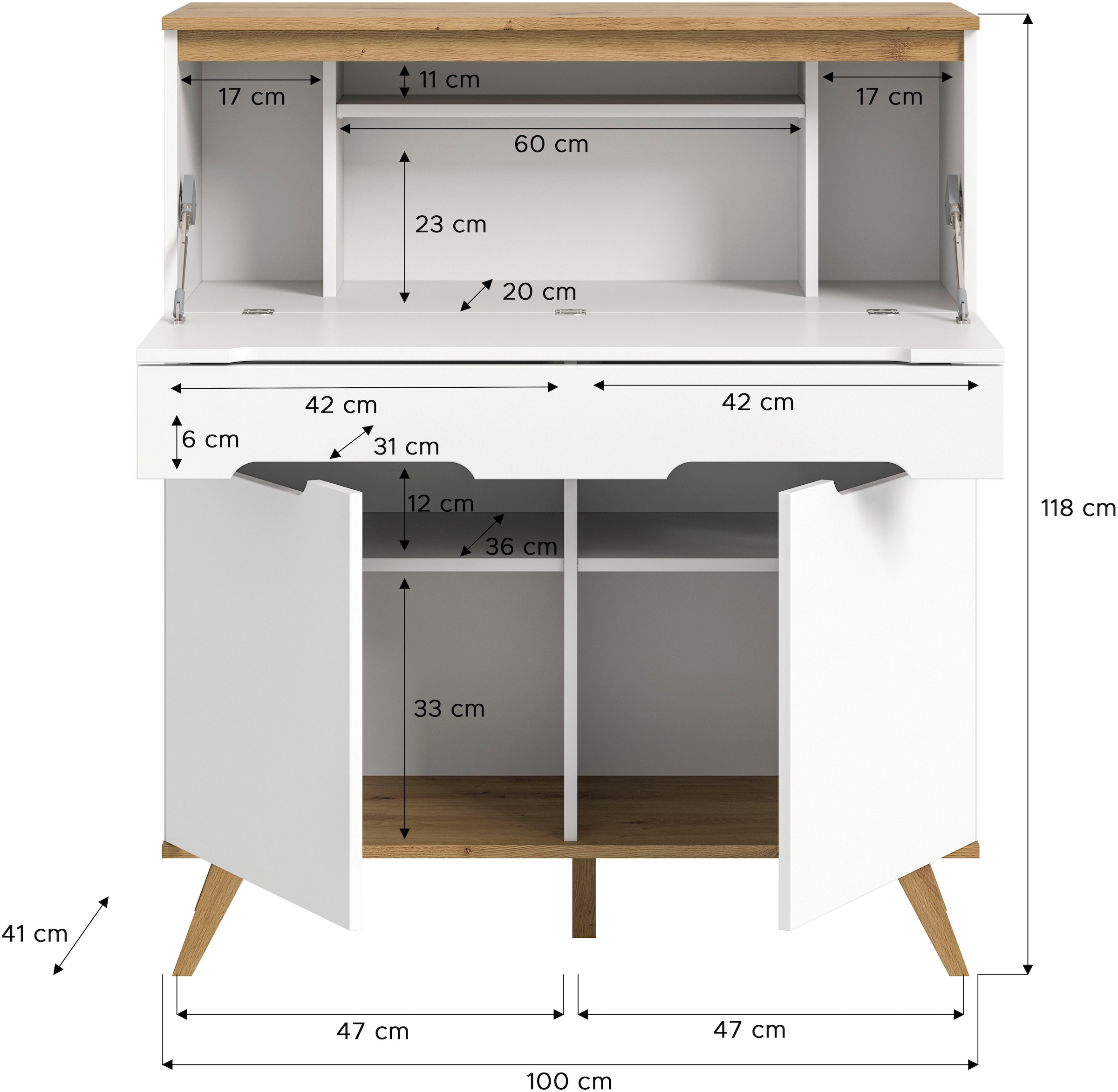 Home affaire Sekretär »Alesund, Höhe 118cm, 2 Türen, 1 Schubkasten,konischer Fuß, Scandi-Look«, Anrichte, Schrank, Kommode, Midischrank, Wohnmöbel, Wohnzimmer