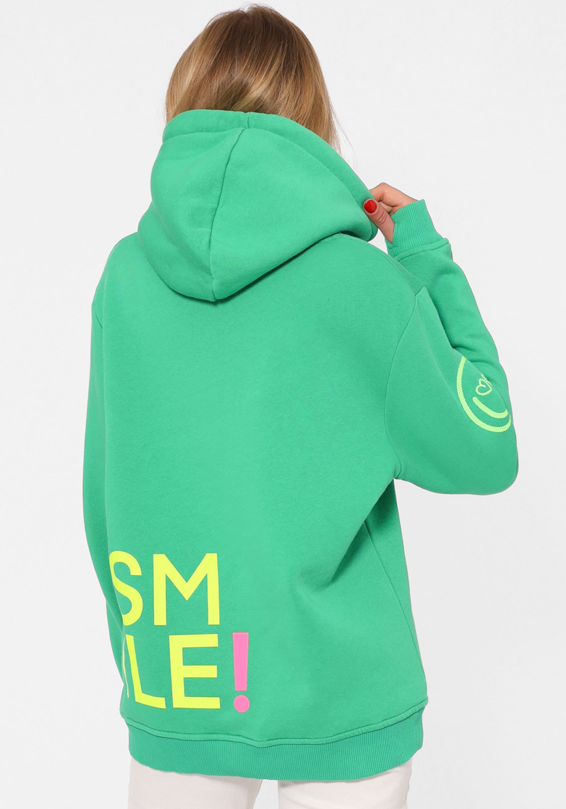 Zwillingsherz Kapuzensweatshirt, mit gesticktem Neon Smiley und Kordel mit Schriftzug