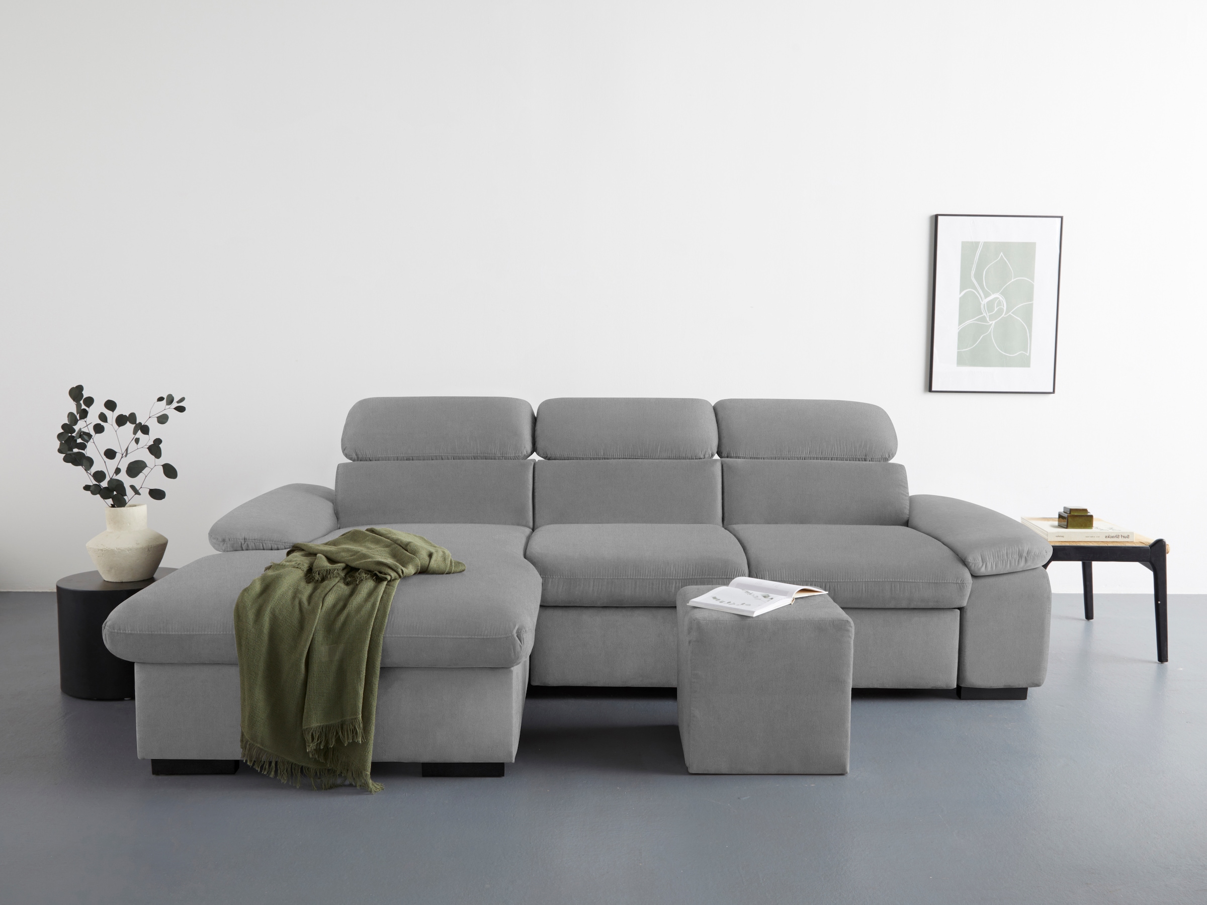COTTA Ecksofa »Lola L-Form mit Kopfteilfunktion & Hocker«, (Set, mit Hocker), wahlweise mit Bettfunktion, Bettkasten & Armteilverstellung