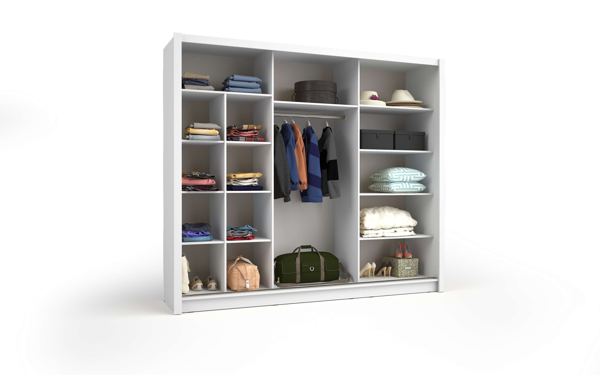 Home affaire Kleiderschrank »BELAVIEN Schwebetürenschrank mit 15 Fächer, Kleiderstange und Spiegel« Garderobe mit 3 Schwebetüren und Spiegel, Maße B/T/H: 247,8/61,6/215