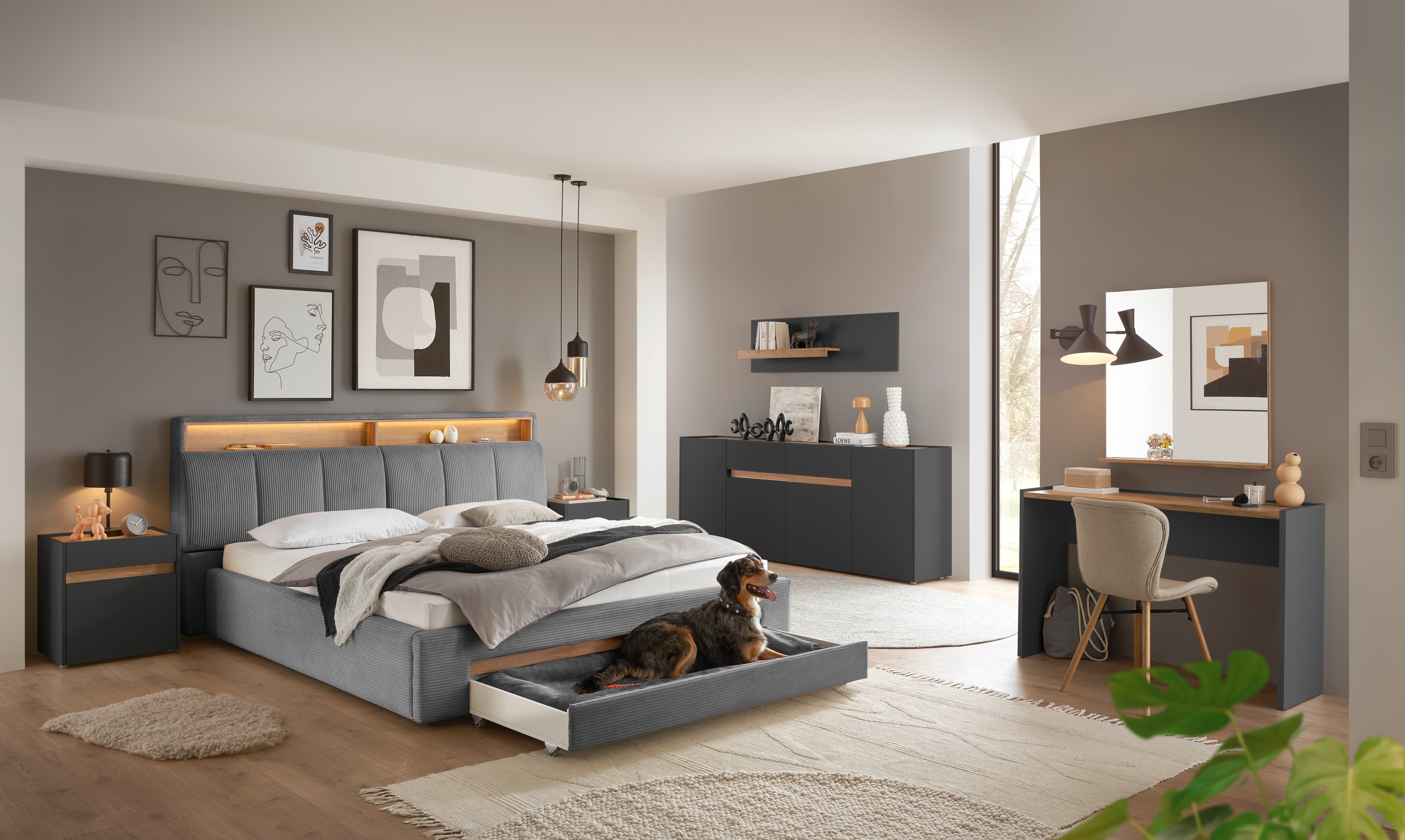 Home affaire Polsterbett »CiTY/GiRON,, gepolstertes Stauraumbett, mit LED Beleuchtung« Bettkasten mit Hundebett oder als Stauraum, klappbare Kopfteile