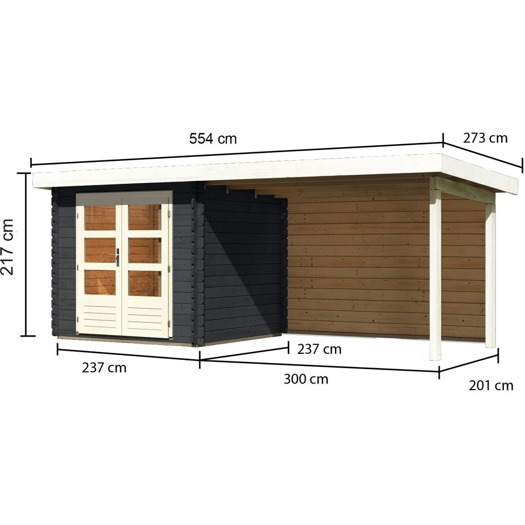 Karibu Gartenhaus »Schloßsee 2«, (Set), mit Anbaudach, Rückwand und Fußboden im Haus