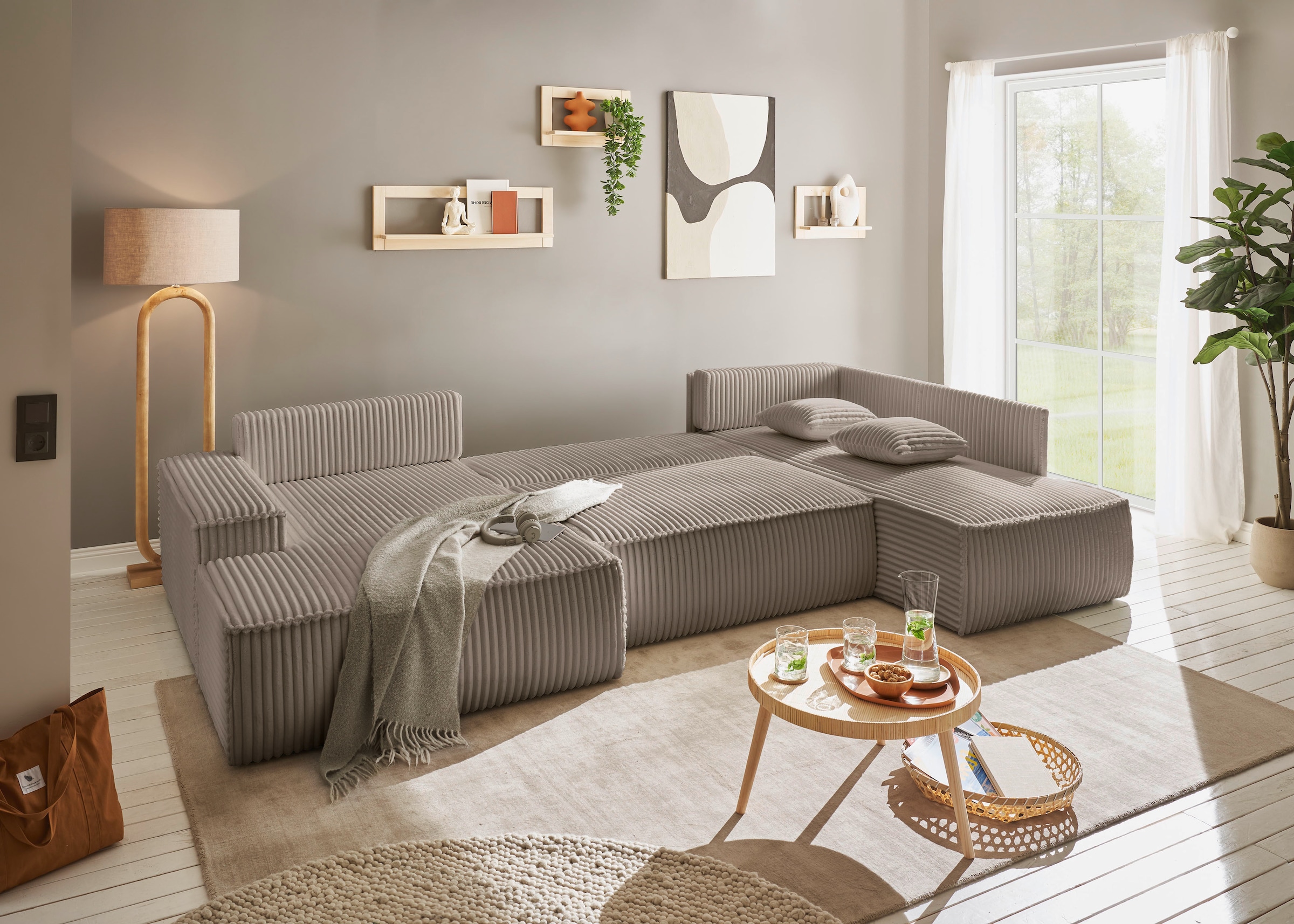 OTTO home Wohnlandschaft »FINNLEY  Cord U-Form XXL 329 cm - OTTO. Verlässliche Qualität.« Schlafsofa, Bettkasten, in Bouclé, Struktur fein und Mega Cord