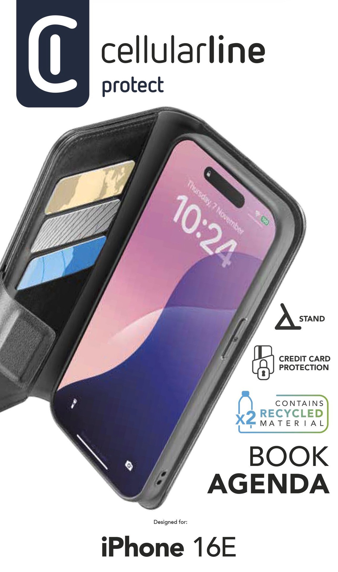 Cellularline Handyhülle »Book Agenda 2 Case für Apple iPhone 16e«, Apple iPhone 16e, Backcover, Schutzhülle, Handyschutzhülle, Case, Schutzcase, stoßfest