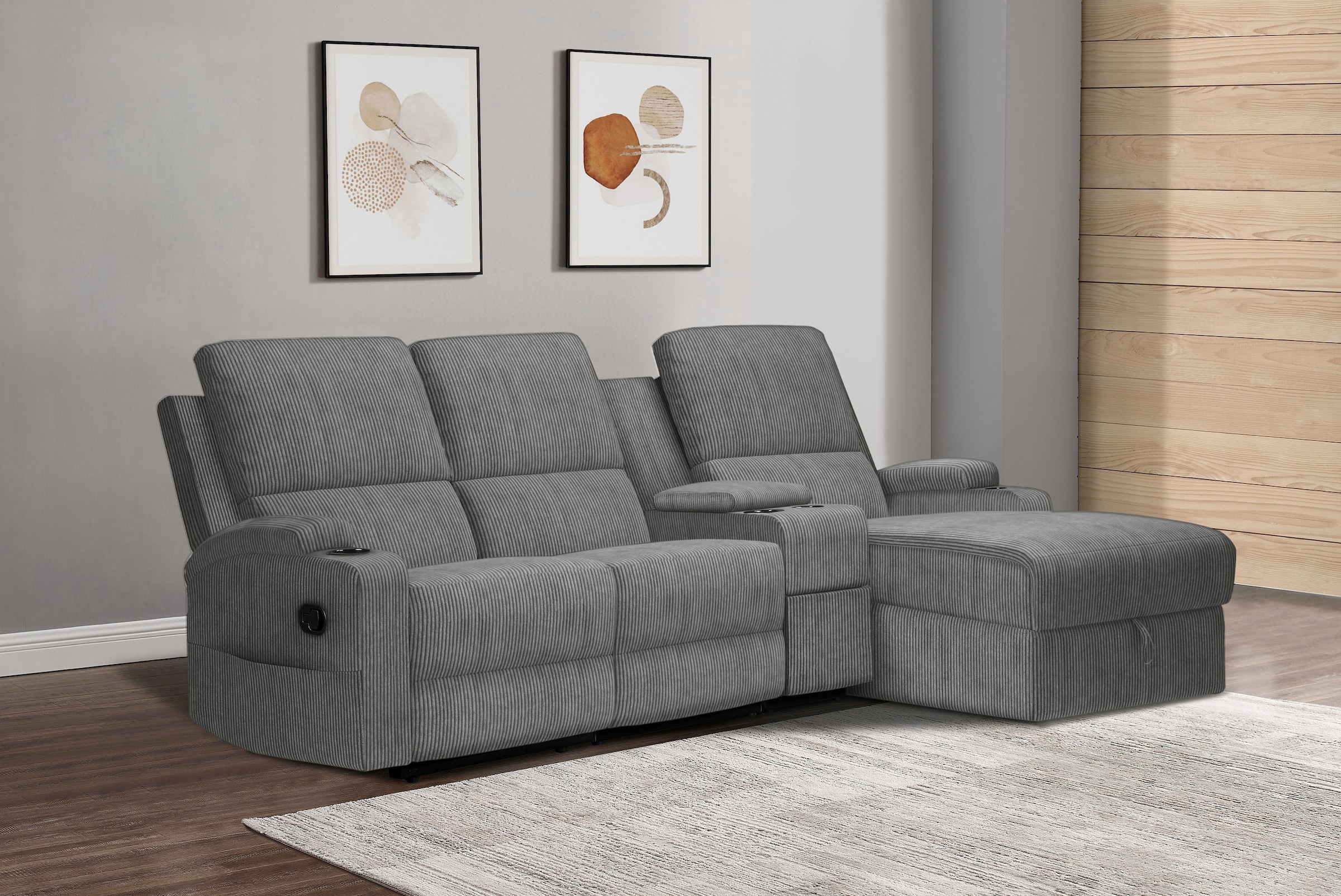 OTTO home Ecksofa »NAPORI Cord, Multimediasofa, 3er Kinosessel XXL, L-Form« Kinosofa, manuelle o. elektr. Relaxfunktion, Staufach, Getränkehalter