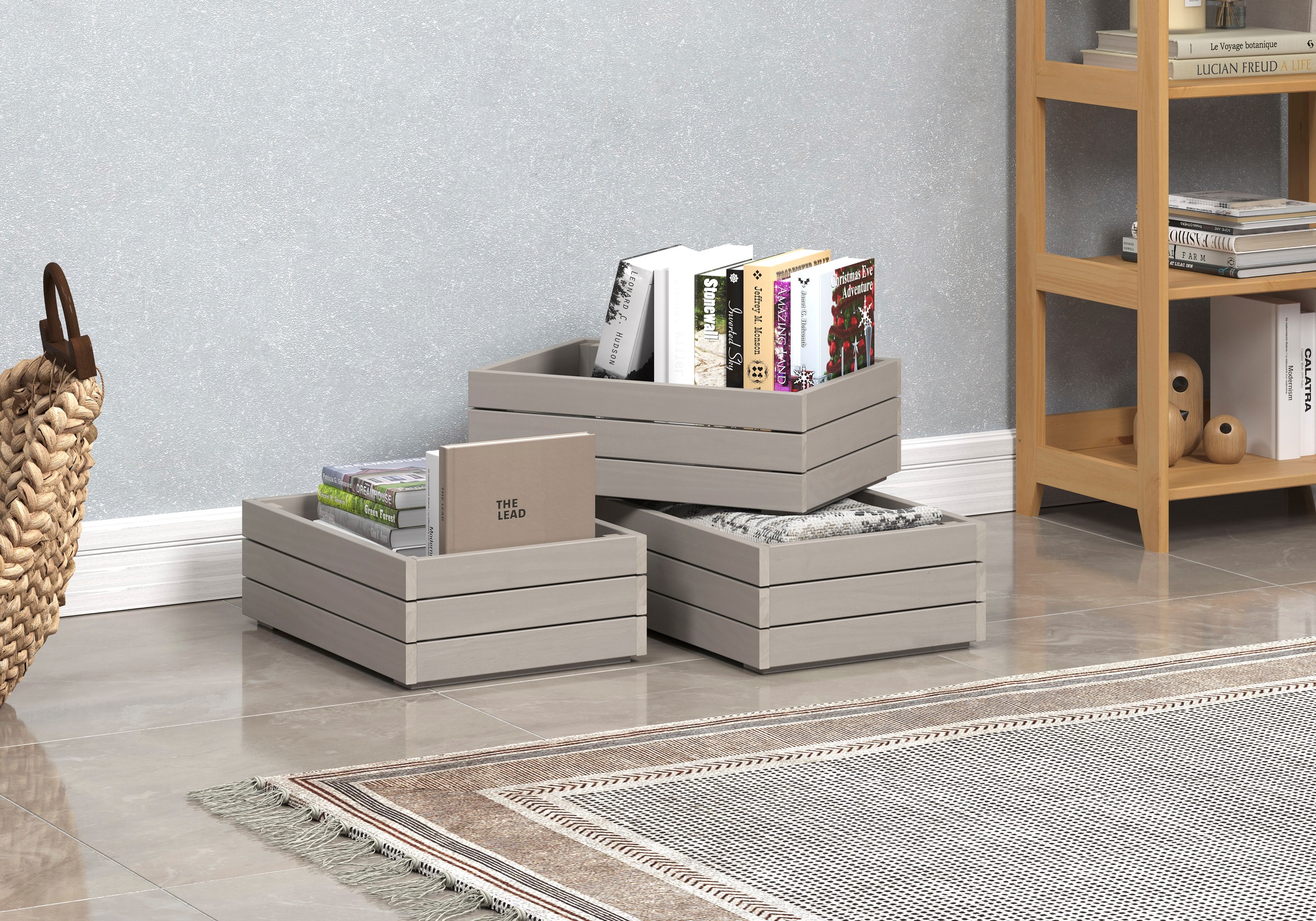 INTER-FURN Schublade »Arona Holzkisten«, (3 St.), 3er Set Massivholzkisten, Kiefer, Grau Wachs, B/H/T: 45 / 15 / 32 cm