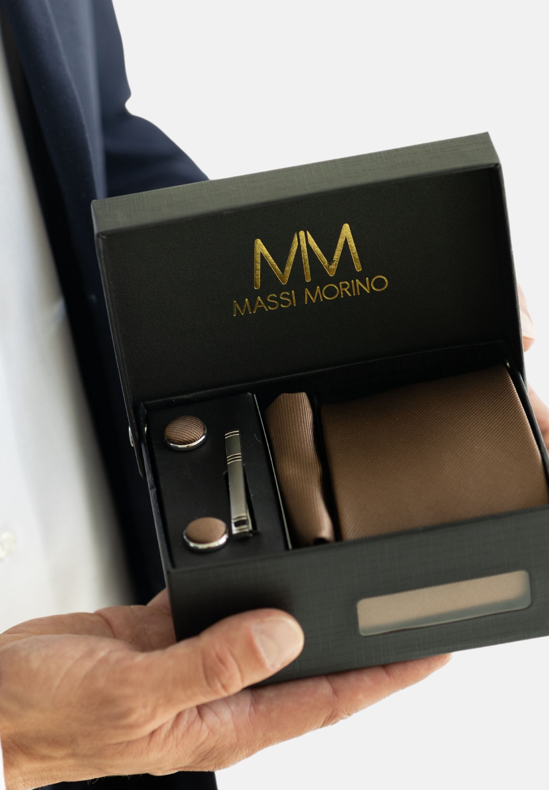 Massi Morino Krawatte »Massi Morino Krawatten-Set« mit Einstecktuch, Manschettenknöpfen und Krawattenklammer