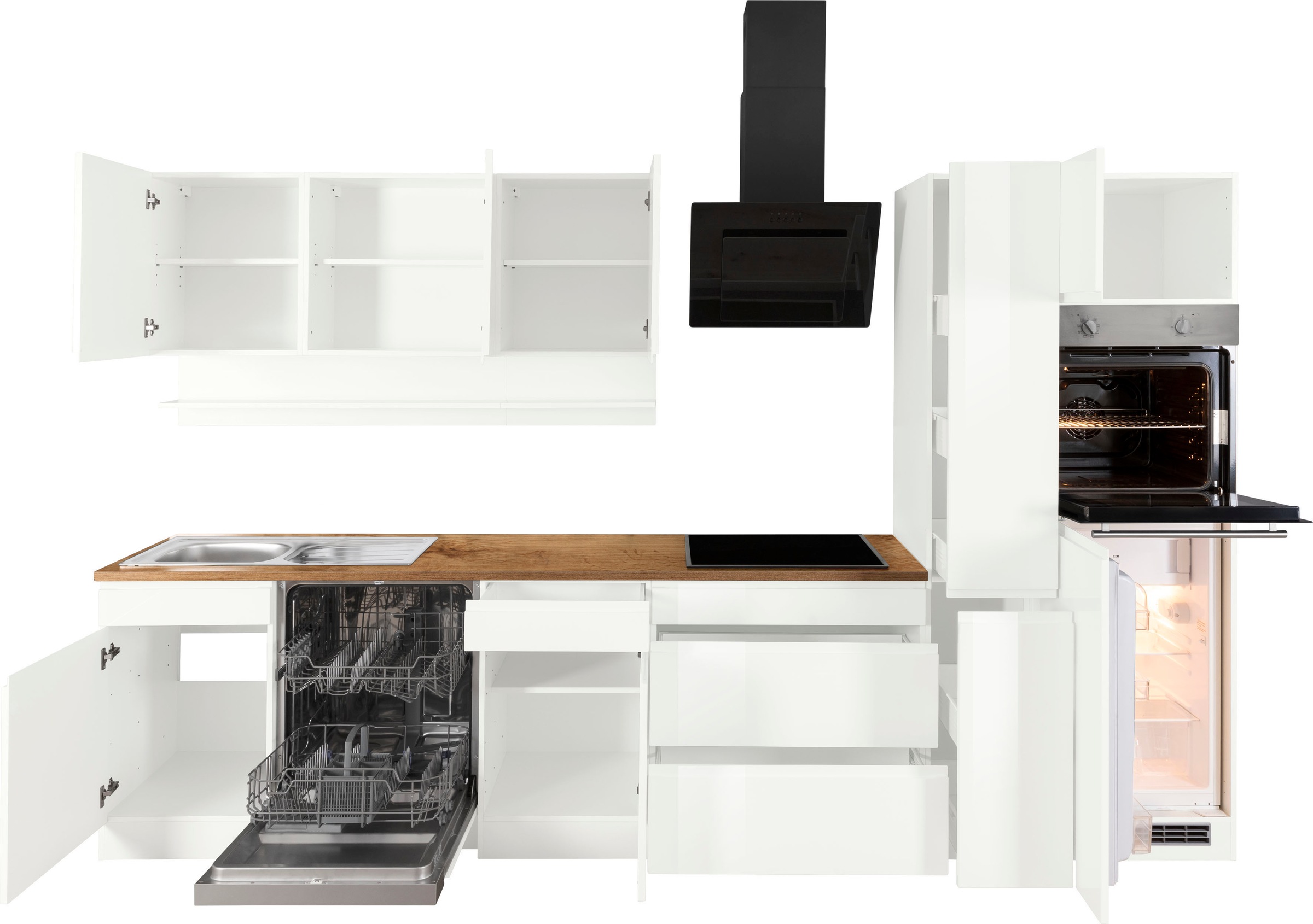 KOCHSTATION Küchenzeile »KS-Virginia,neu in verbesserter Ausführung« Arbeitsplatte 38 mm stark, Stauraum, Softclose,  Breite 330 cm, Soft-Close, ohne E-Geräte